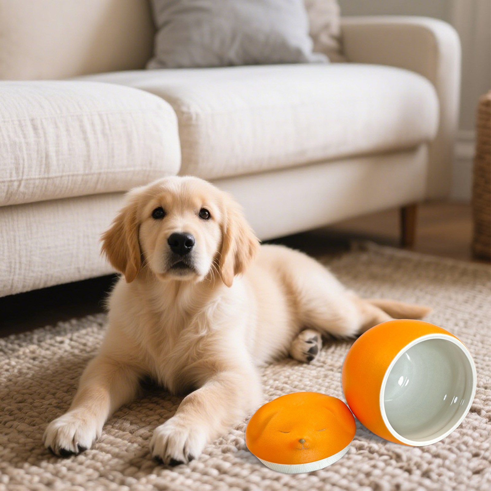 Smiley Dog Shaped Orange Pet Urn 4.9×4.3 inches For Small Dog And Cat Ashes