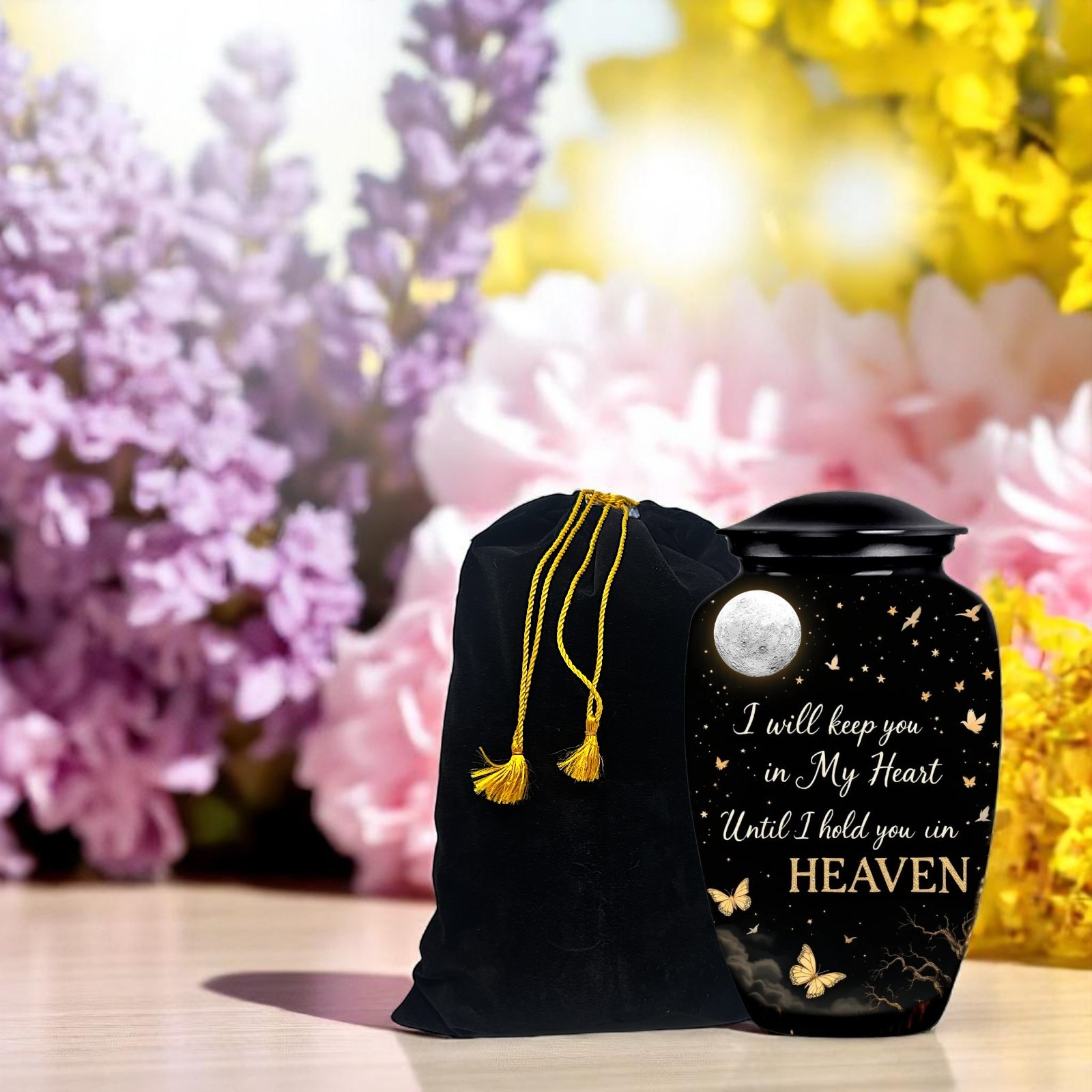 Black Cremation Urn for Human Ashes Memorial Urn with Velvet Bag Heaven Design
