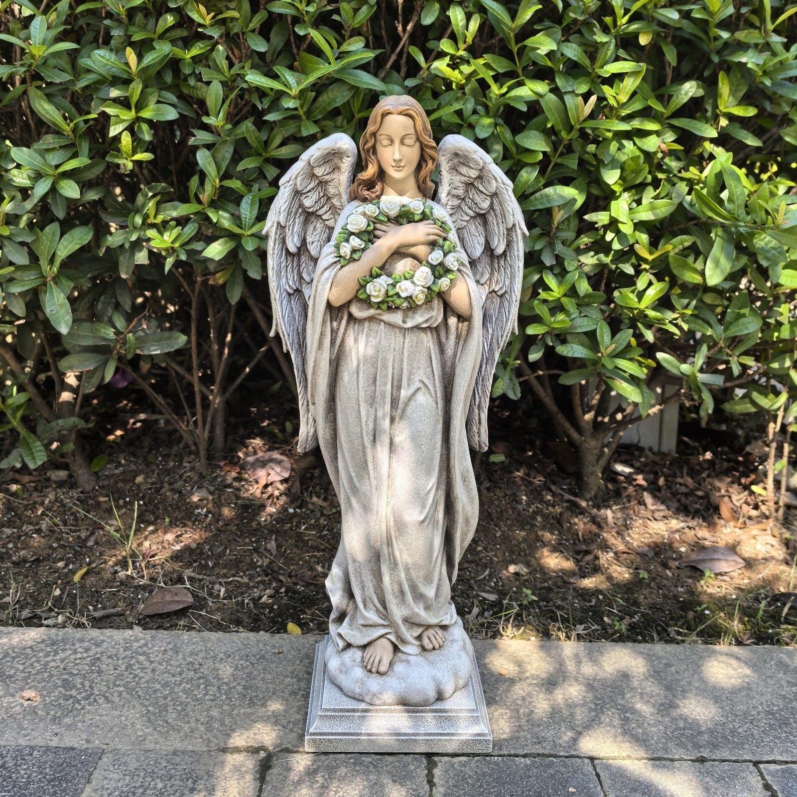 Garden Angel with Flower Wreath Statue – 16″ Outdoor Memorial Angel Decor