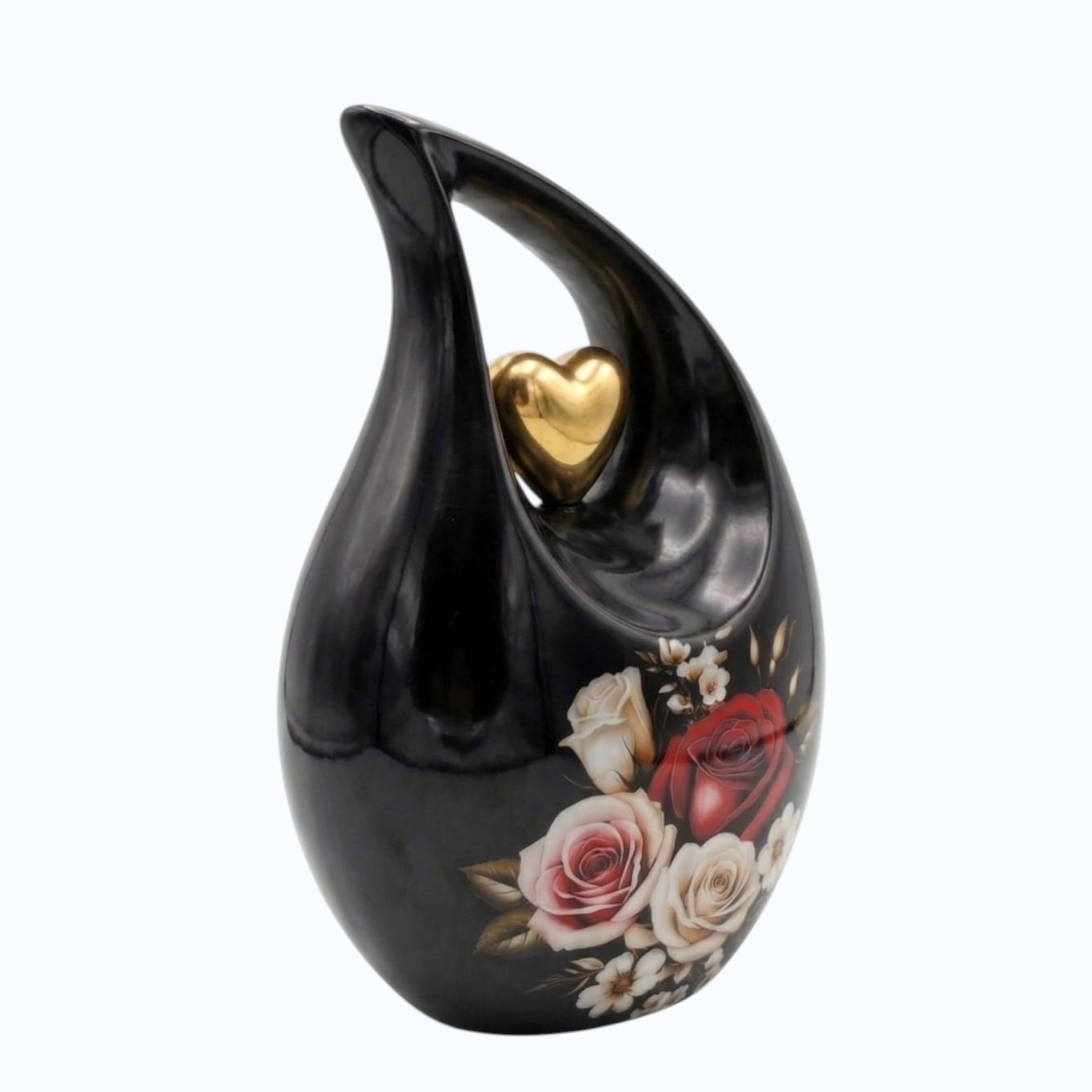 Black Teardrop with Golden Heart & Flower Print Urn for Ashes Men Women w/ Bag