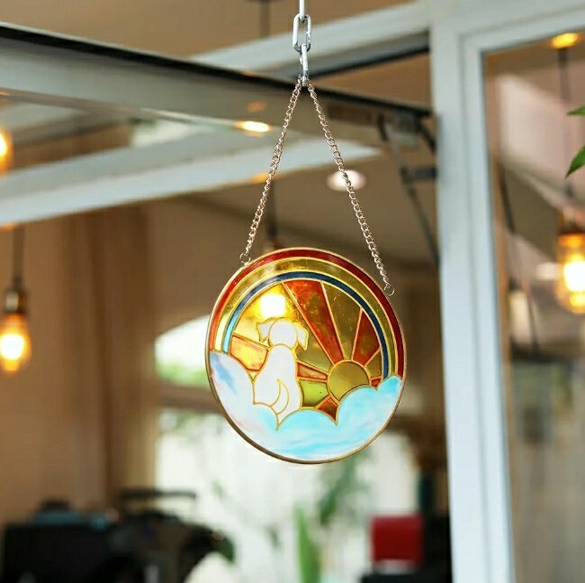 Memorial Gift for Loss of Dog, Stained Glass Round Rainbow Bridge Dog Sympathy