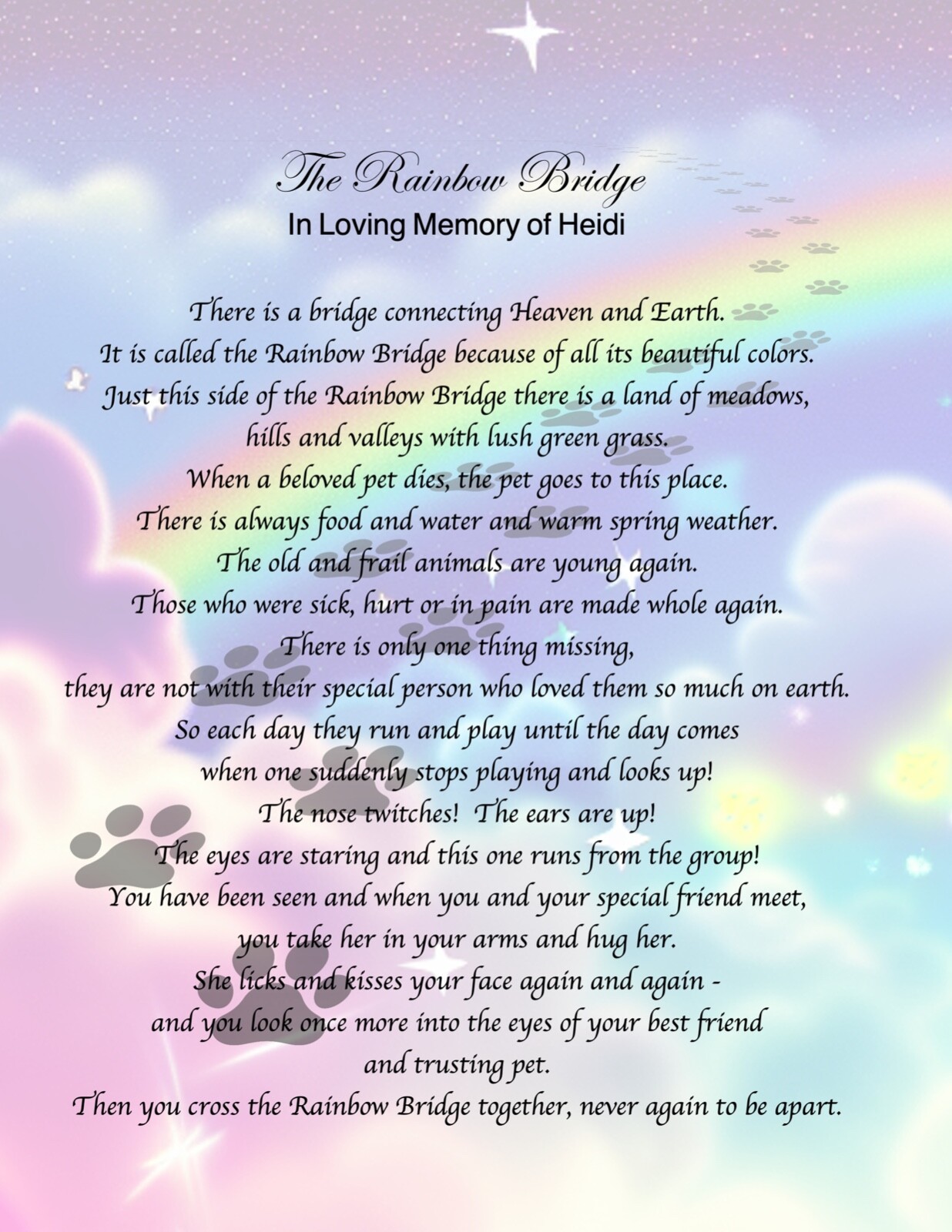 Dog Memorial Poem RAINBOW BRIDGE Personalized UNFRAMED Art Print Gift, Cat Pet