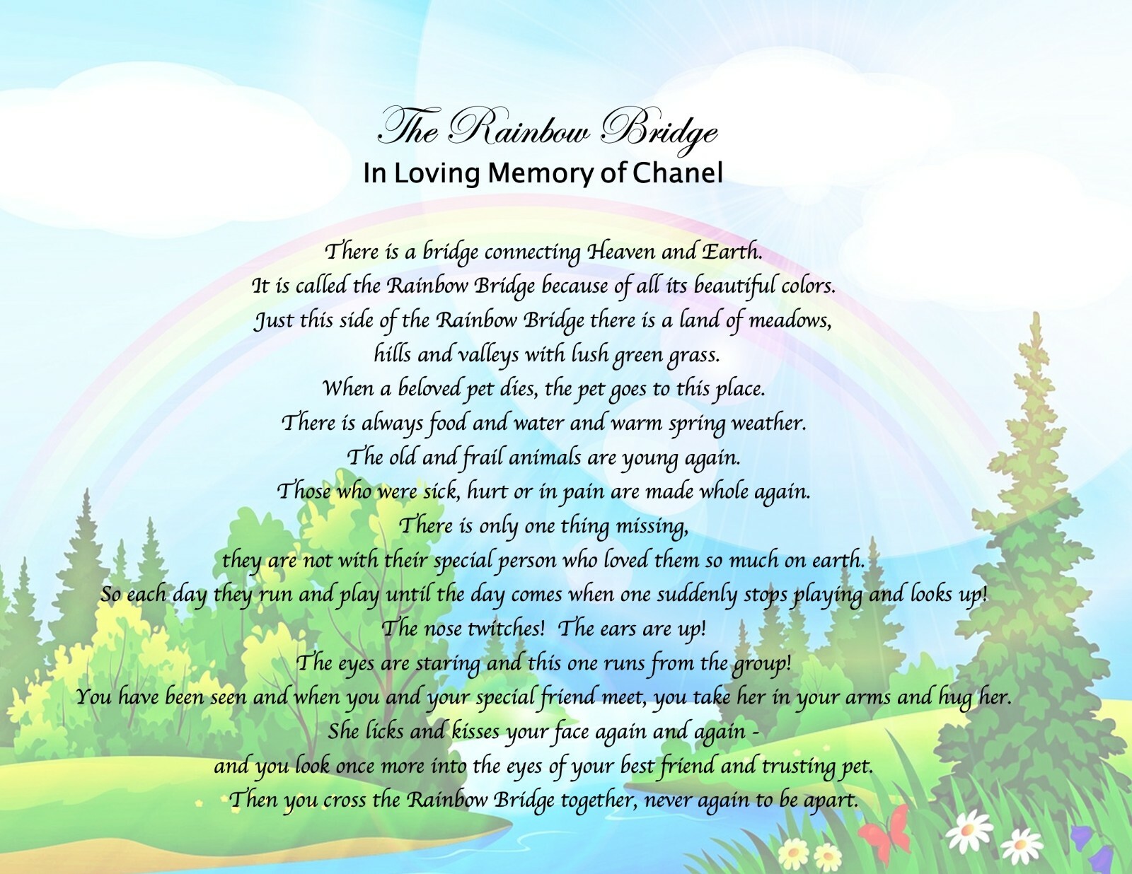 Pet Memorial Poem RAINBOW BRIDGE Personalized UNFRAMED Art Print Gift Dog, Cat