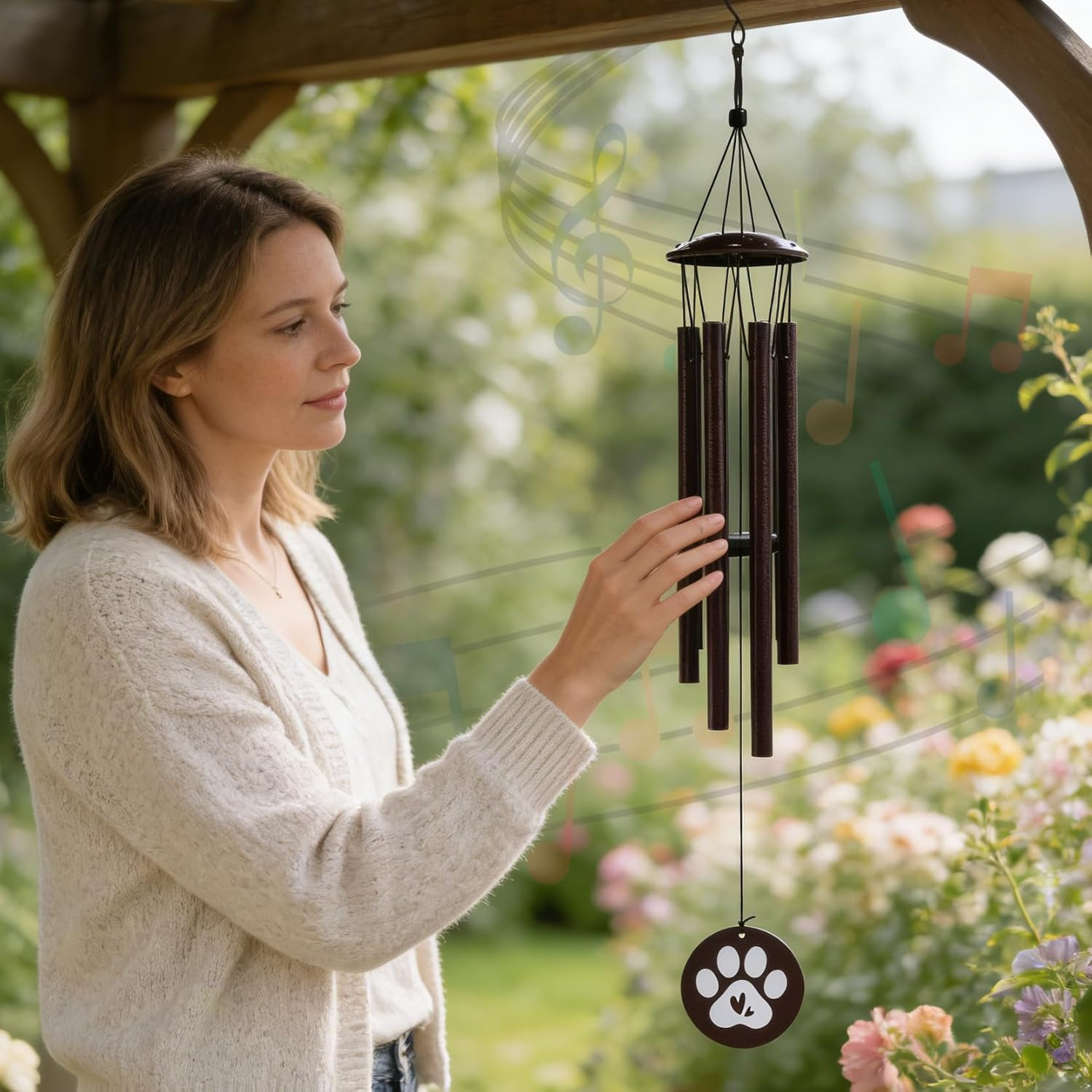 Premium Metal Pet Memorial Wind Chime with Paw Print, Black, for Dog Cat Remembr