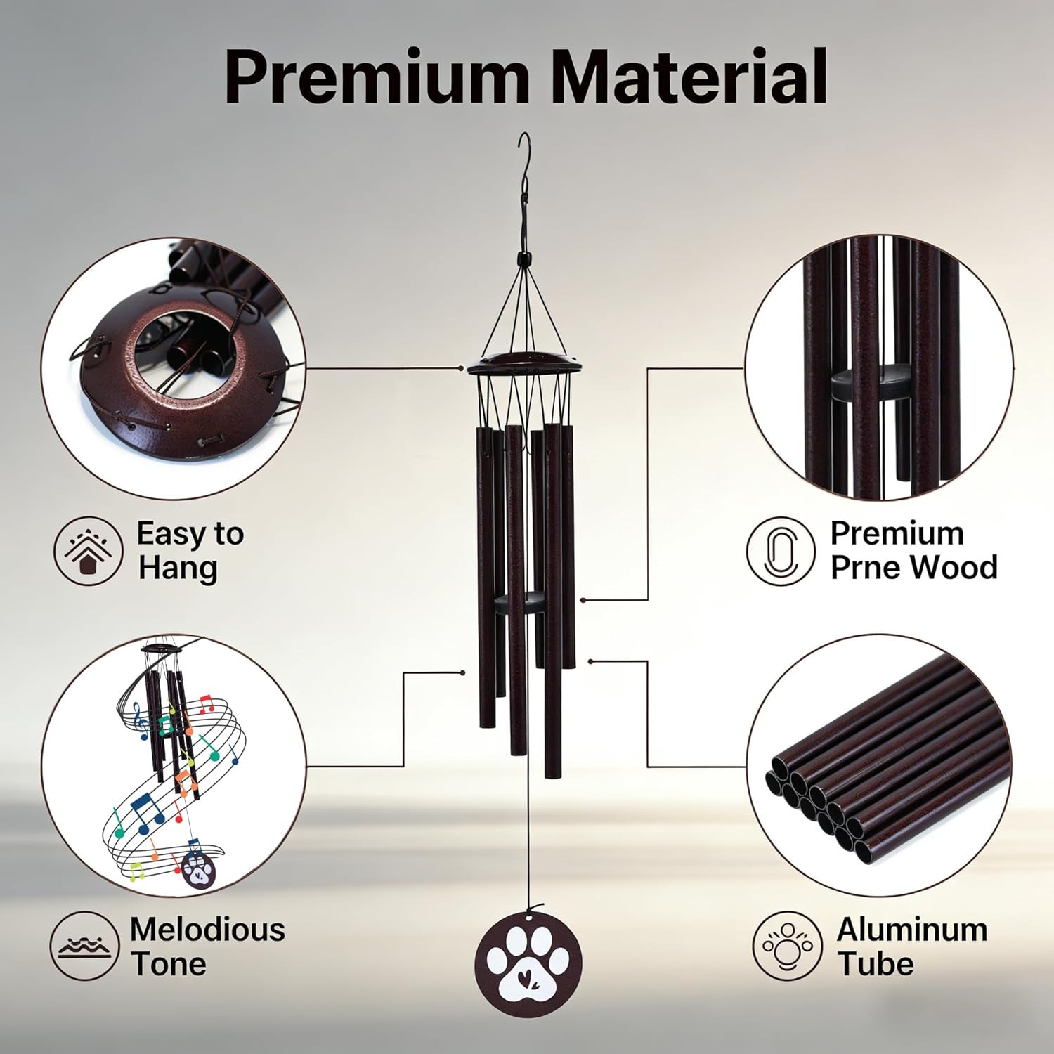 Premium Metal Pet Memorial Wind Chime with Paw Print, Black, for Dog Cat Remembr