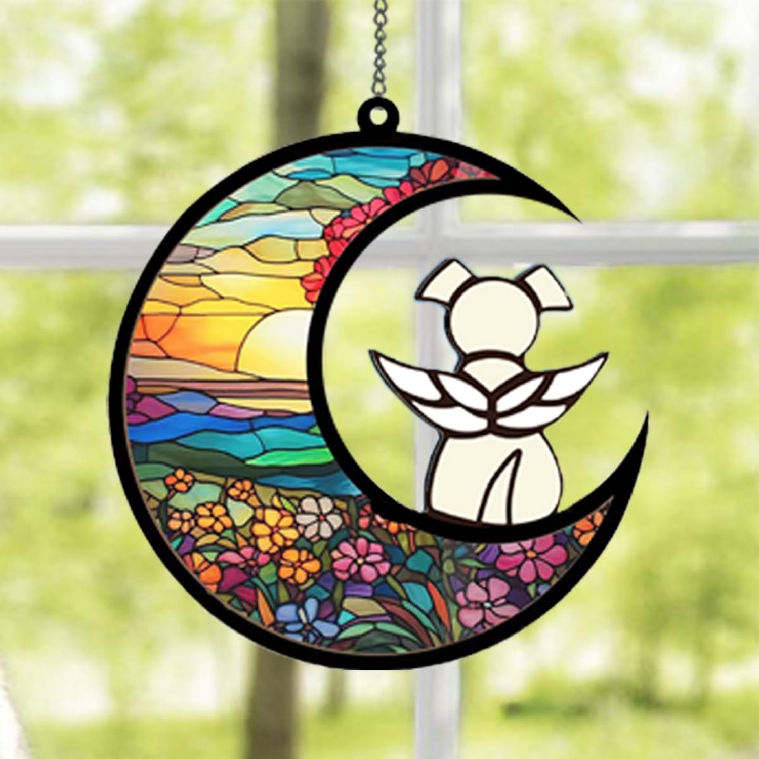 Memorial Pet Sympathy Suncatcher – White Angel Dog on Flower Moon Beverage Ac…