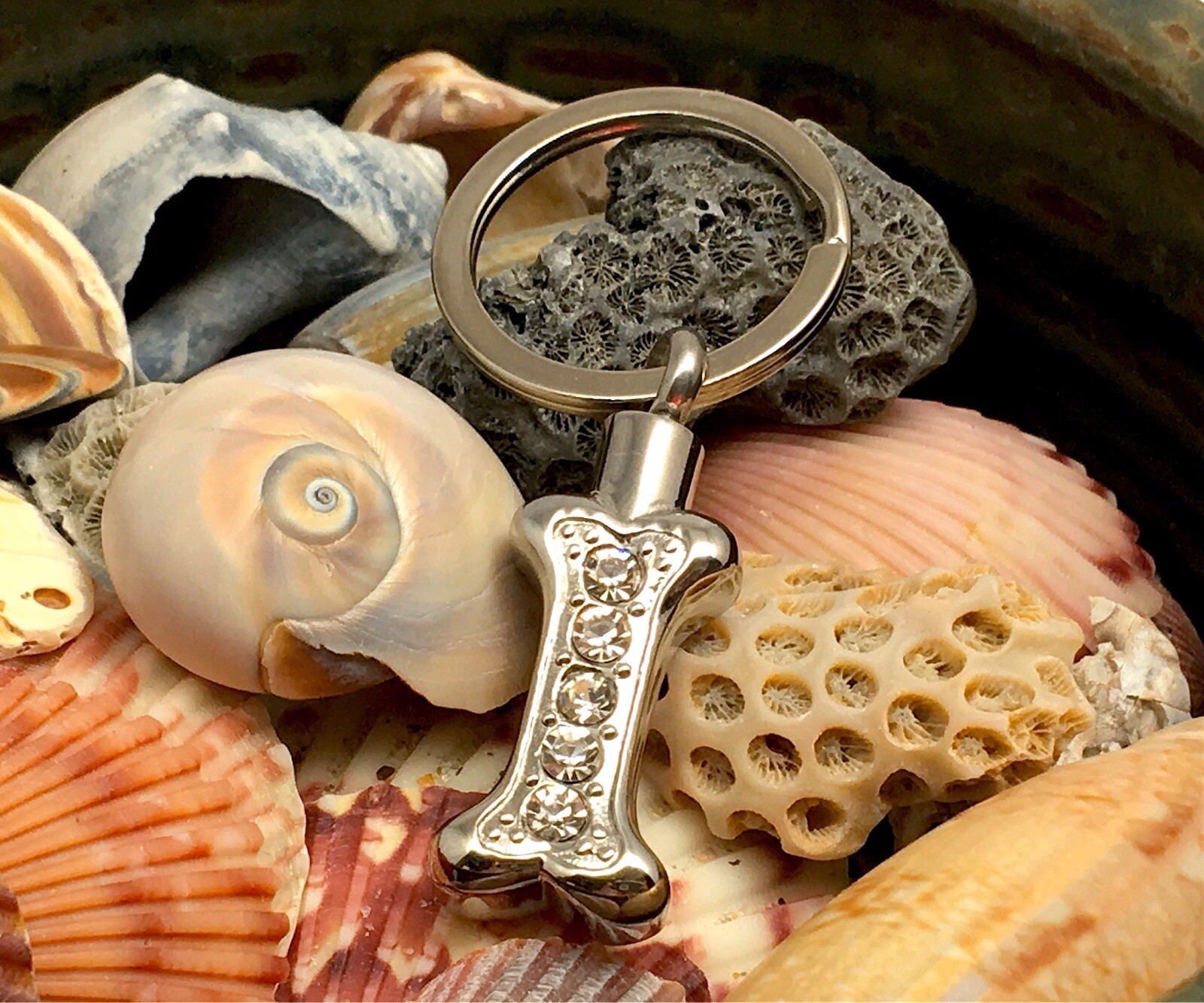 Dog Cremation Pendant Urn Keychain 1″ Key Ring for Ashes Silver Crystal Bone