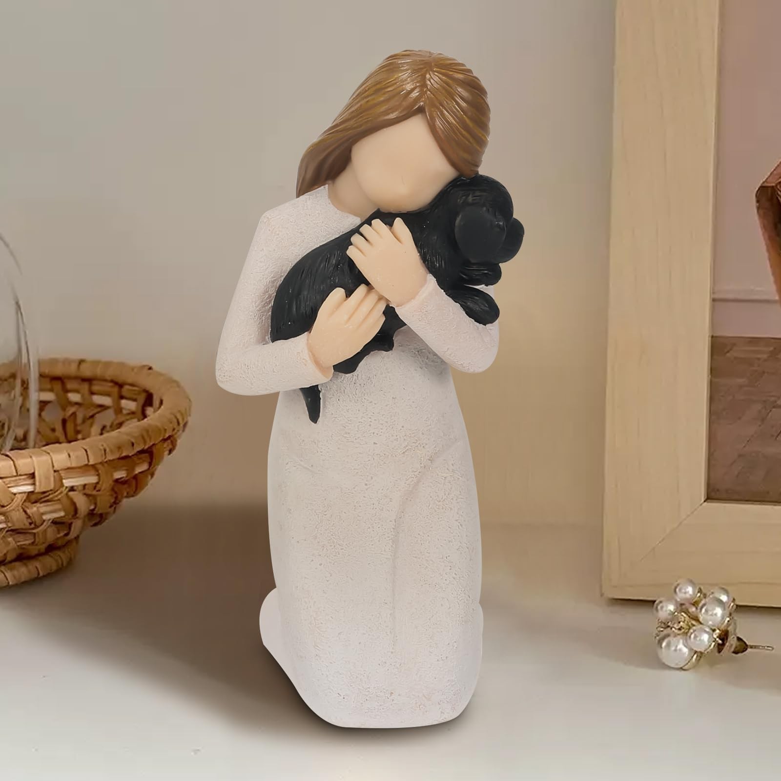 Loss of Dog Sympathy Gifts, Kneeling Girl Embracing Black Puppy Resin Figurin…