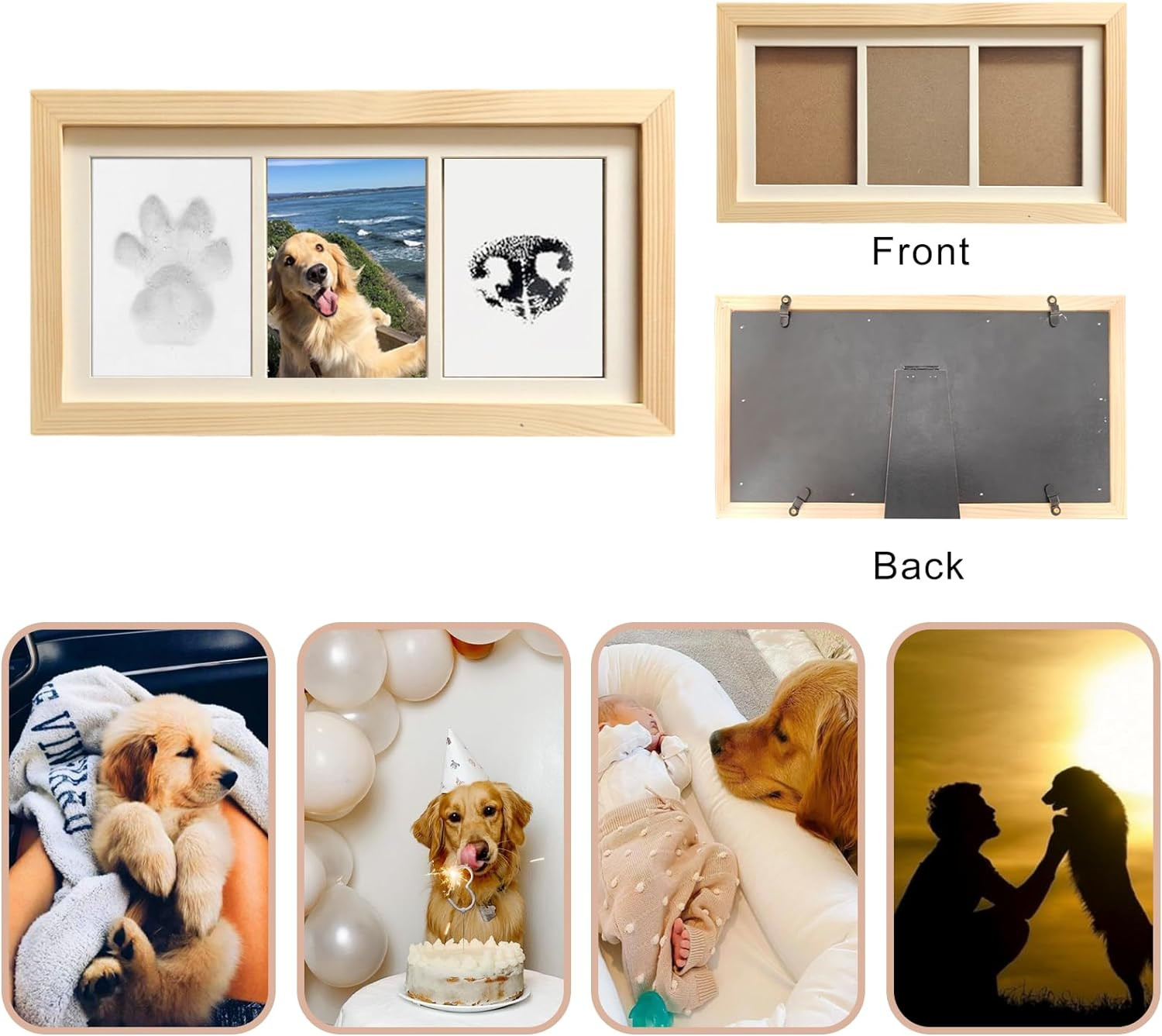 Paw Print Impression Kit for Dogs and Cats, 2 Clay, Large Ink Pad, Wooden Pictur