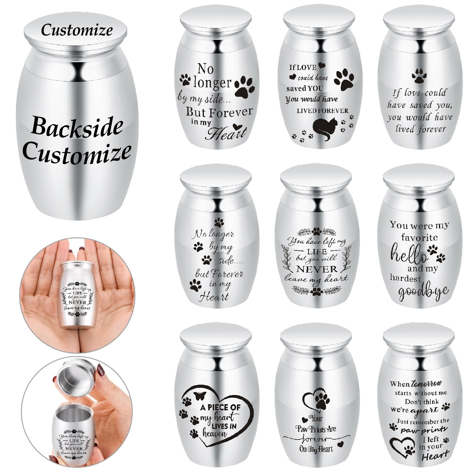 7*4cm Paw Print Stainless Steel Urn Pet Memorial Urn for Dog Cat Cremation Ashes