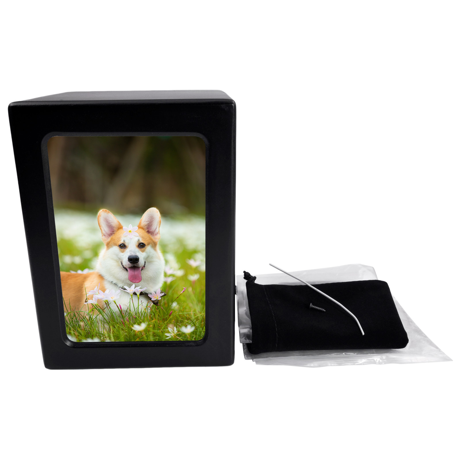 5*4.8in Black Wooden Funeral Cremation Urn with Photo Frame For Dogs And Cats