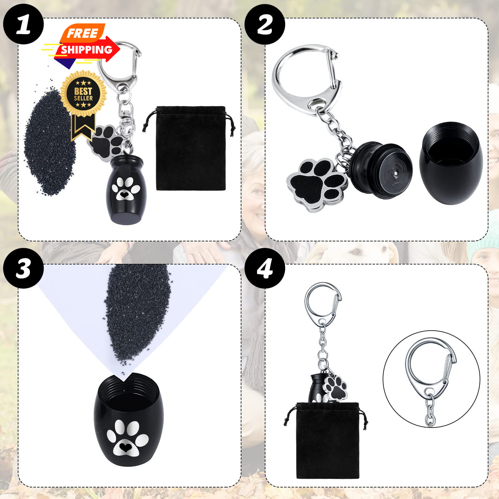 Tudomro 2 Pcs Pet Dog Urns Keychain for Ashes with 2 Storage Bags Cute Style
