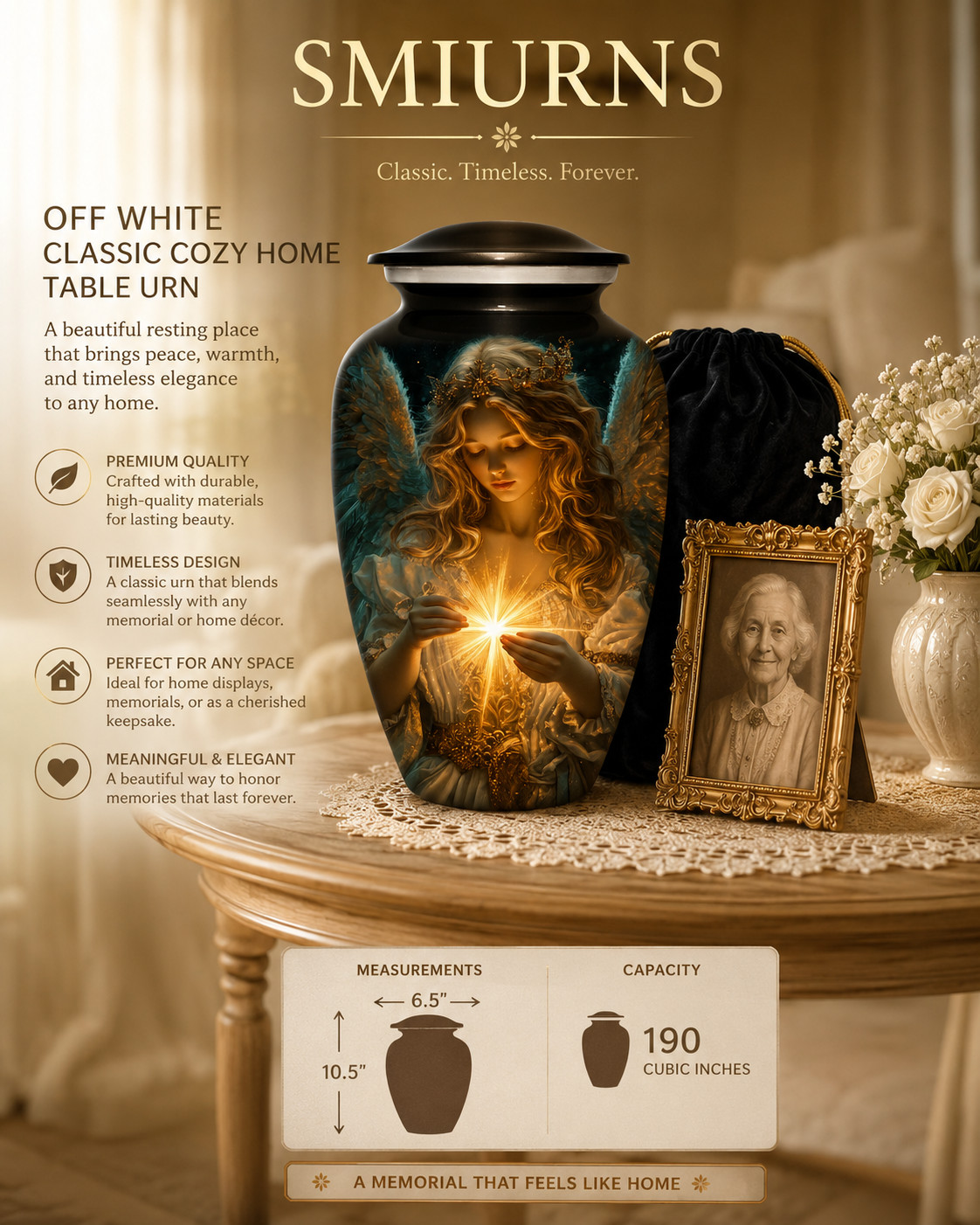 Cremation Urn for Human Ashes Adult Large 190 Cu In Guardian Angel Keepsake Urns