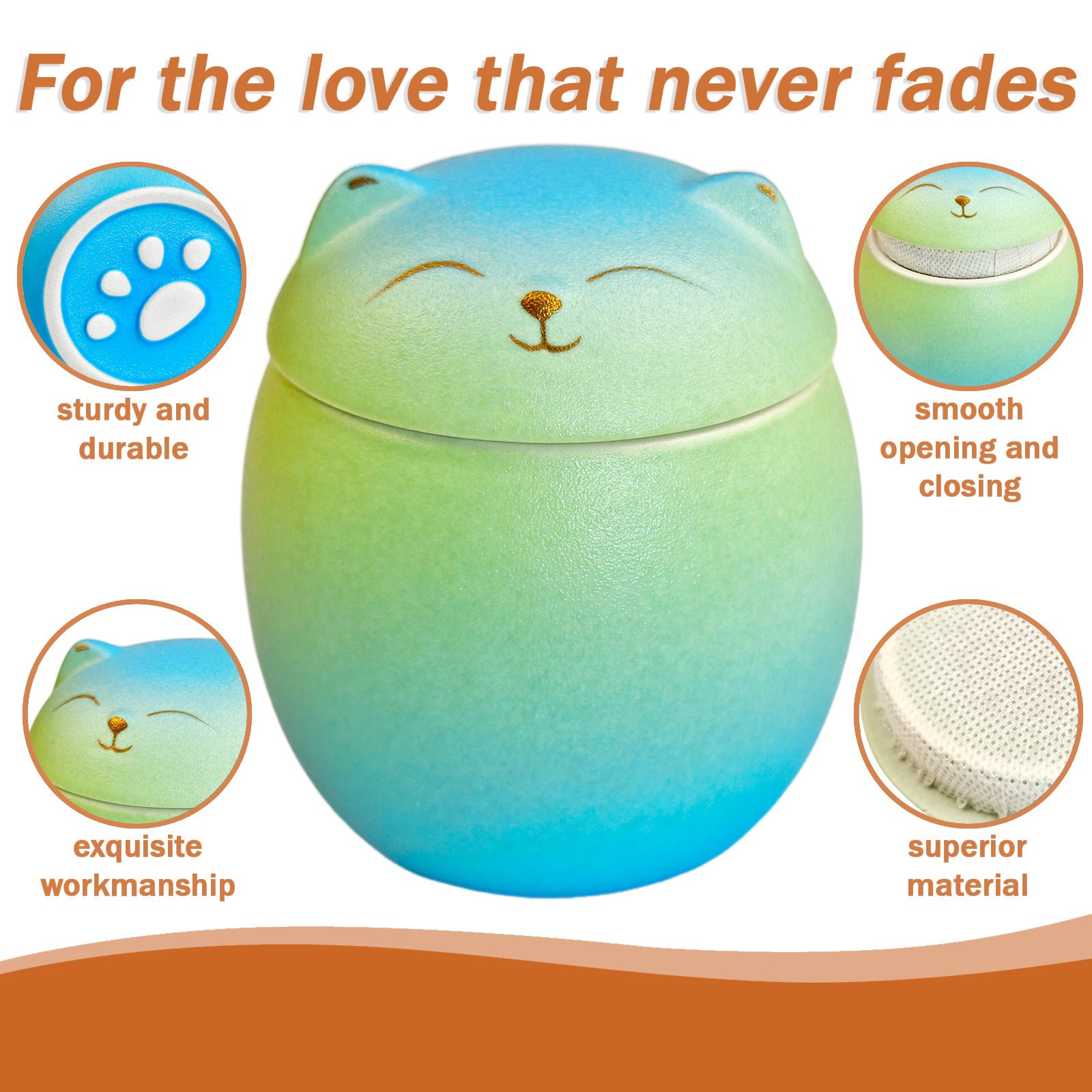 Smiley Cat Shaped Pet Urn Blue-Green Gradient For Small Dog And Cat Ashes(M)