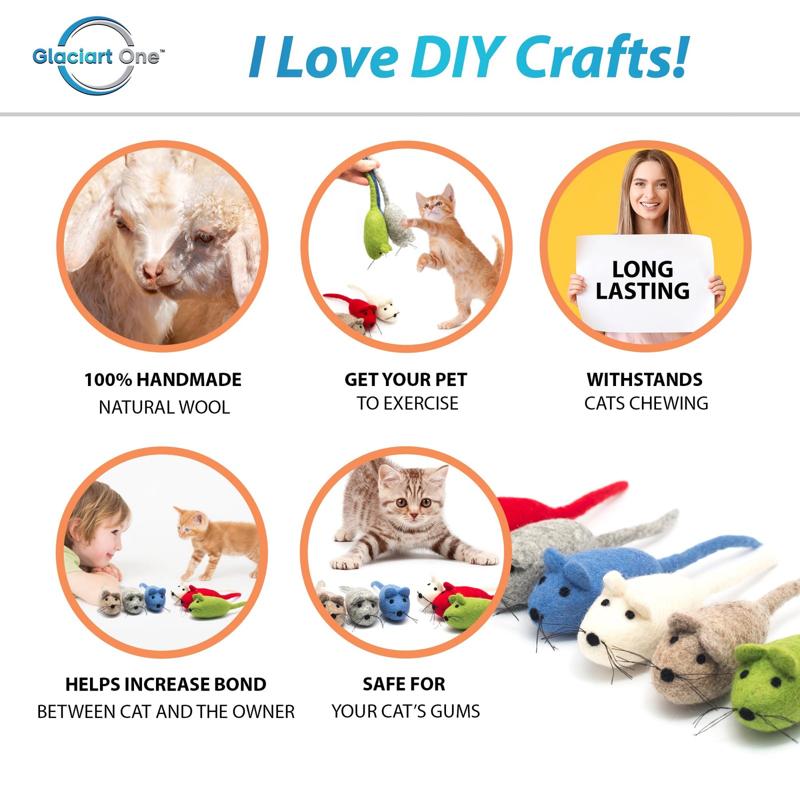 Glaciart One Felt Mouse Cat Toys, 6-Pack – Natural Wool, Catnip Infused