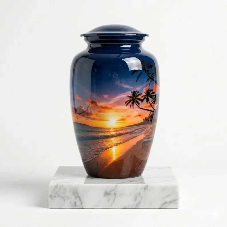 Paradise Beach Sunset Urn – Handcrafted Ocean Scene Memorial – Adult Size 200lbs