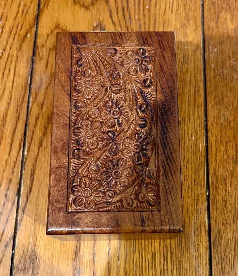 Floral Carved Wooden Pet Urn For Cat Or Dog Slide Opening 5″x3″x2X