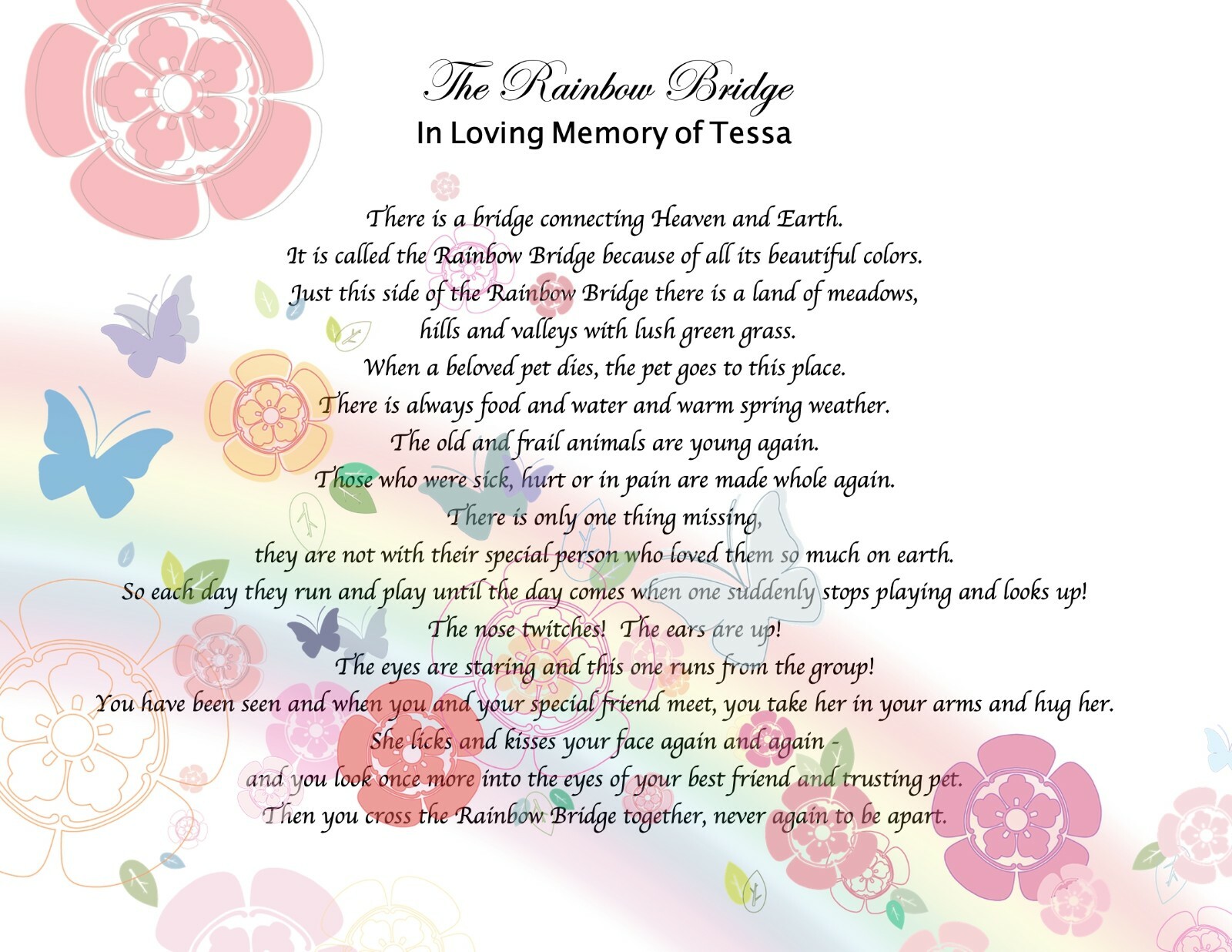 Pet Memorial Poem RAINBOW BRIDGE Personalized UNFRAMED Art Print Gift Dog, Cat