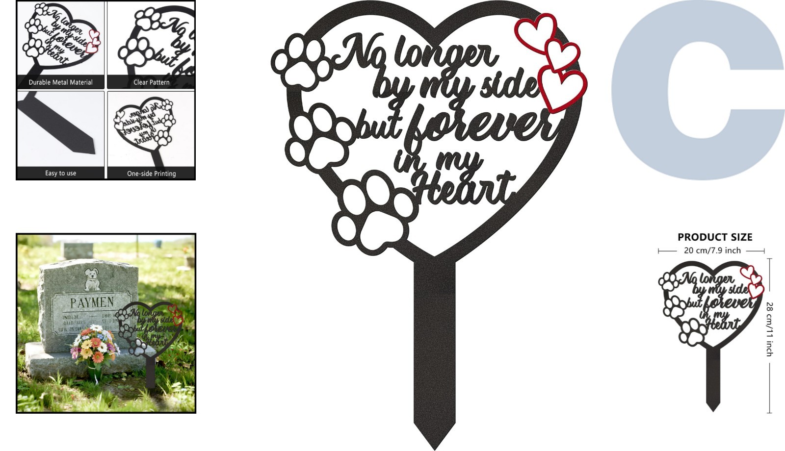 Durable Metal Pet Memorial Plaque – Heart and Paw Design for Graveside Tribute