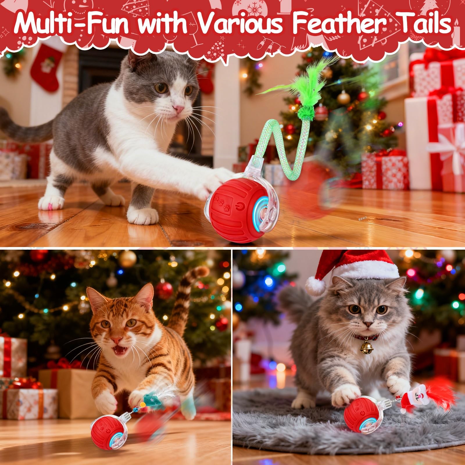 Interactive Cat Toy Ball w/ Feather Tails – Christmas Gift for Indoor Cats