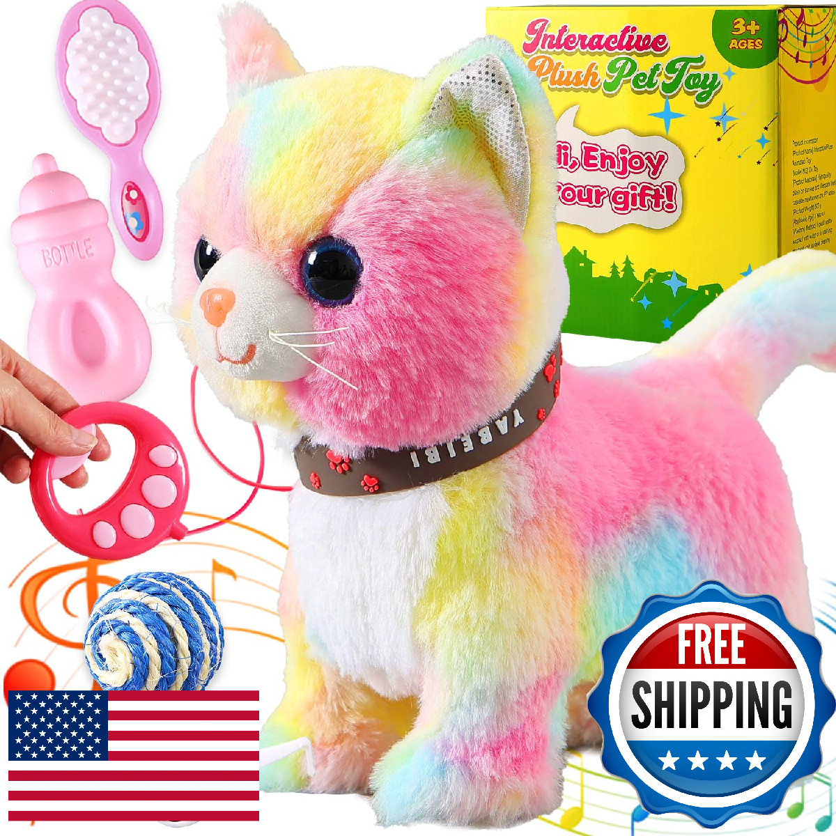 Colorful Walking Cat Toy for Kids, Girls; Purrs, Meows, Animated Play Kitten