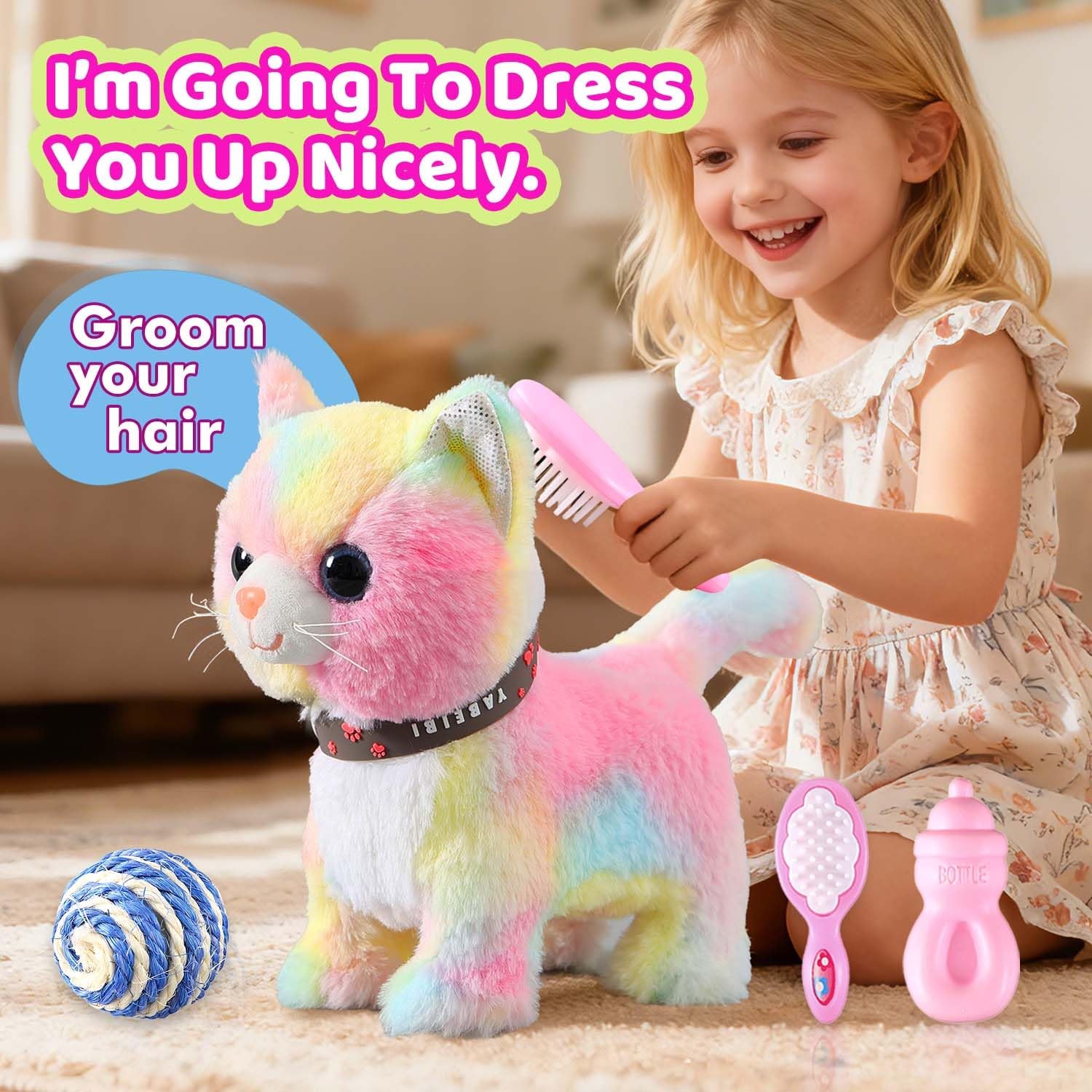 Colorful Walking Cat Toy for Kids, Girls; Purrs, Meows, Animated Play Kitten