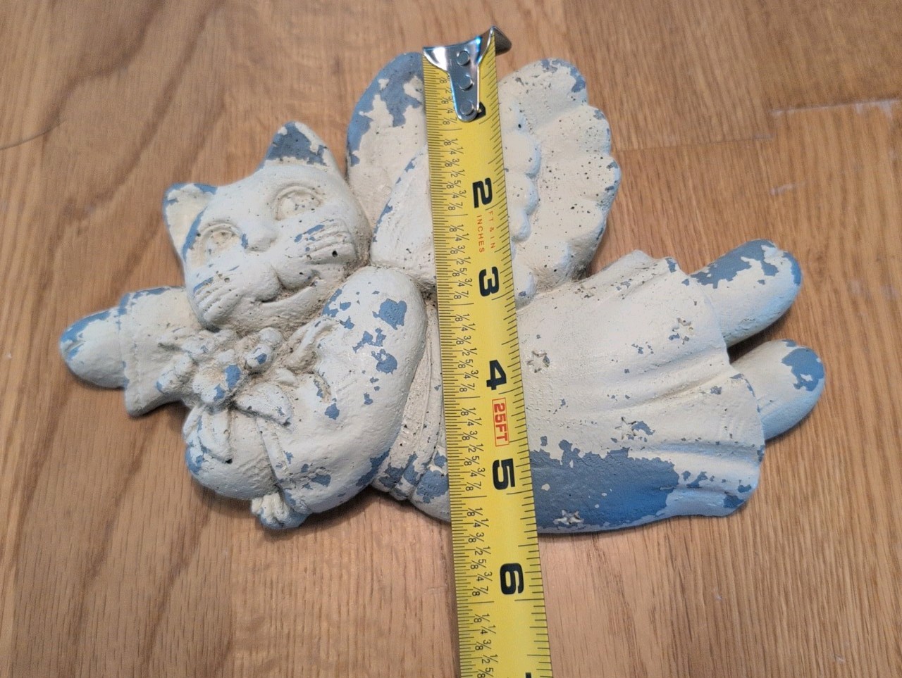 Vintage White Concrete Art Sculpture Angel Cat with wings, Memorial Plaque
