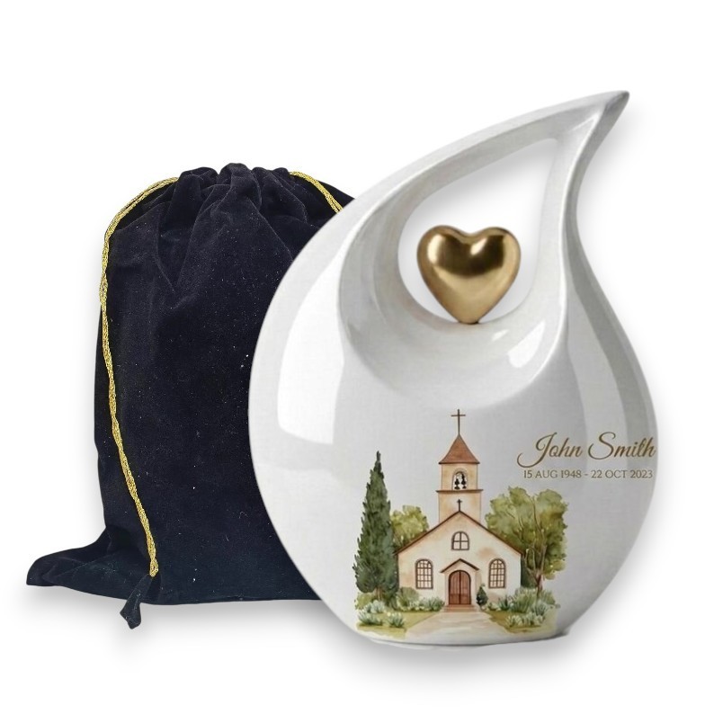 Personalized Church Teardrop Aluminum Cremation Urn Adult Human Ashes Love Ones
