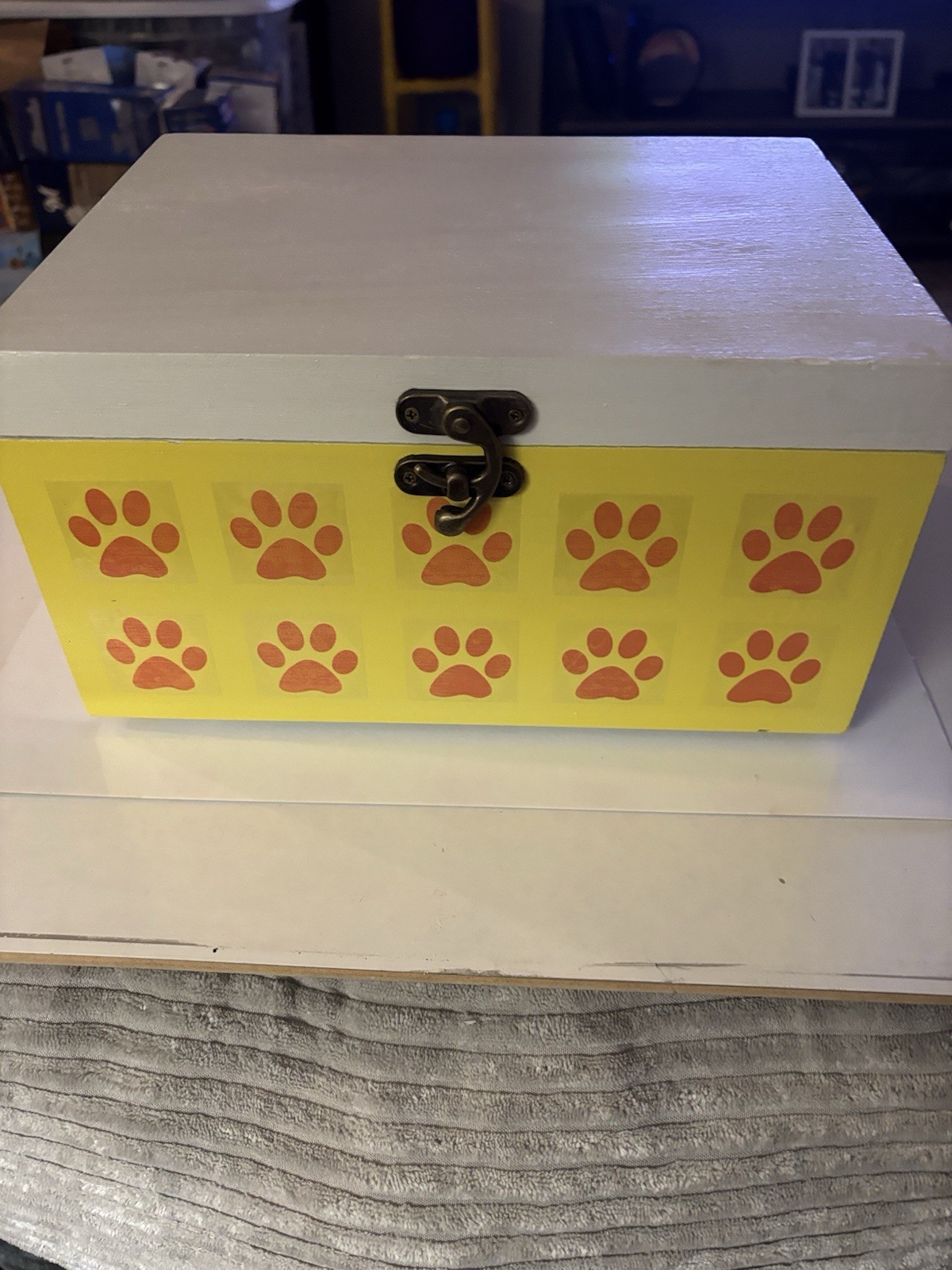 Pet Cremation Box-Orange Paws On Yellow And White-Free Mini Urn With Every Box