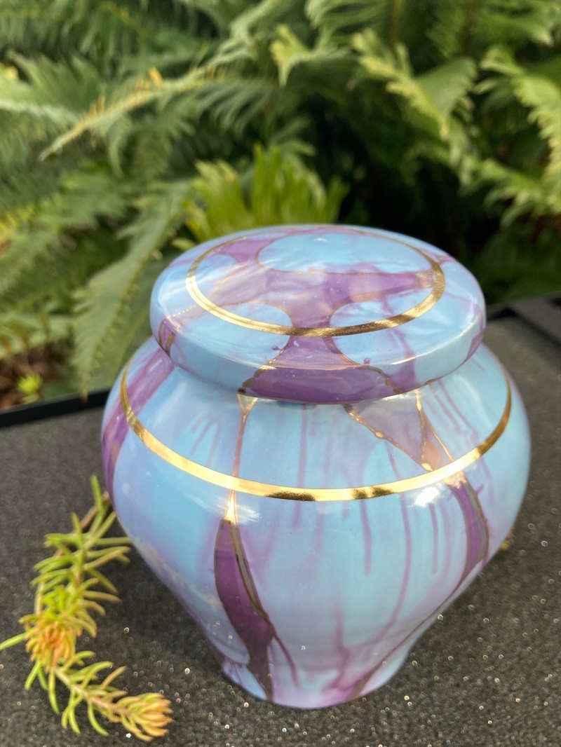 Handmade Ceramic Cremation Urn in Yellow w/MOP, small size for pet ashes 50 ci