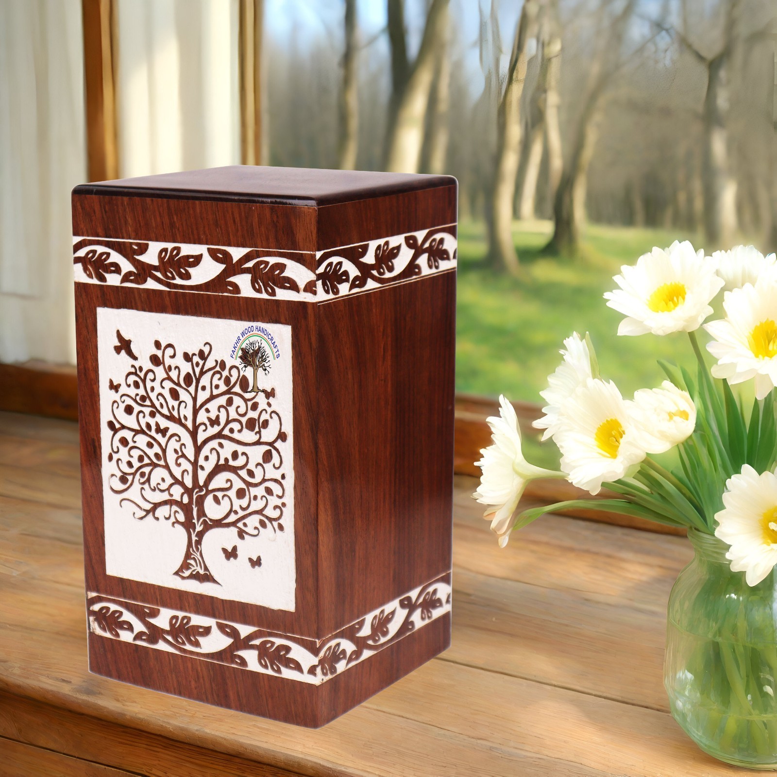 Handcrafted Large Wooden Cremation Urn for Adult Human Ashes – Tree of Life
