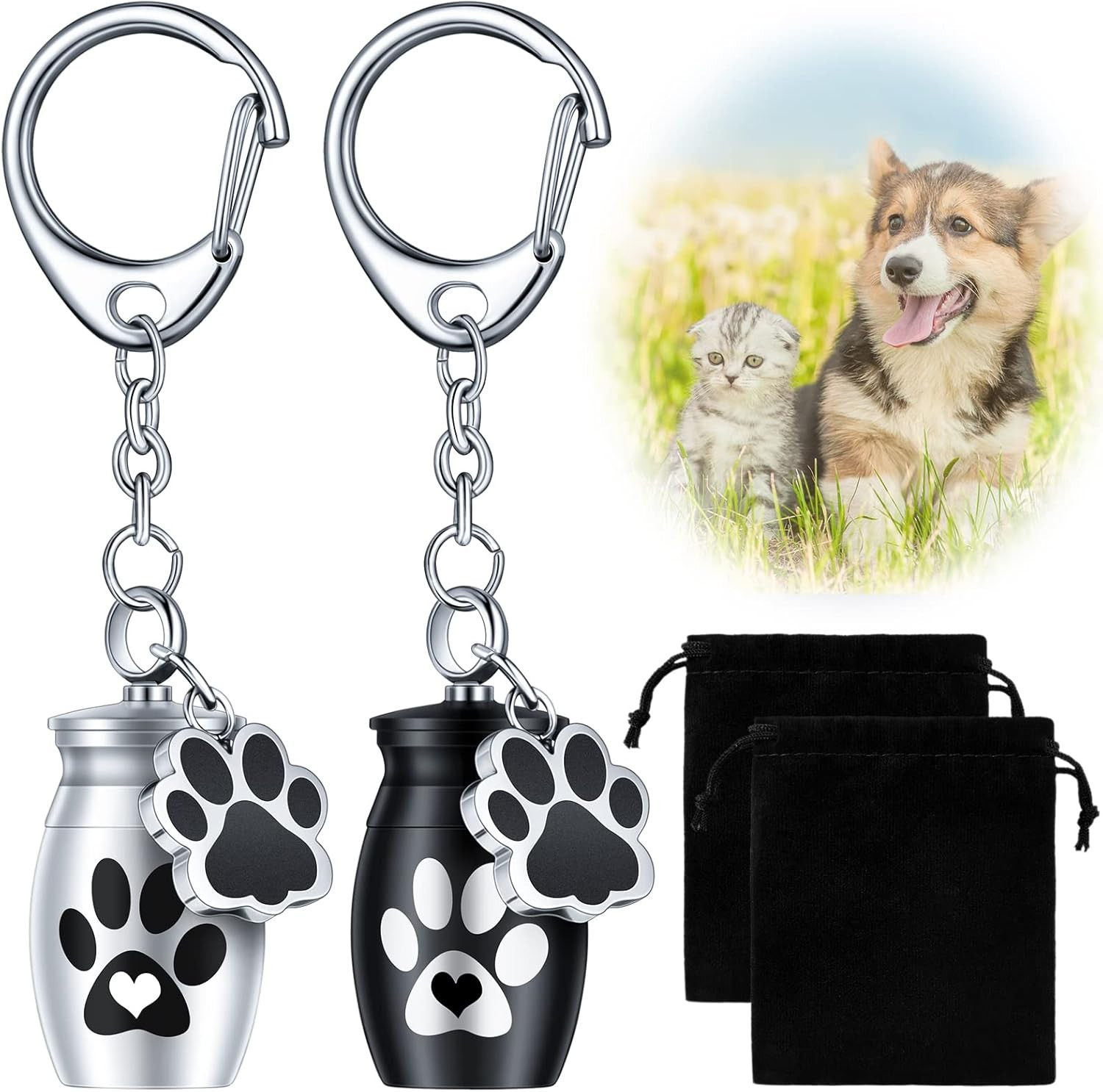 2 Pcs Pet Dog Urns Keychain for Ashes with 2 Storage Bags Small Cat