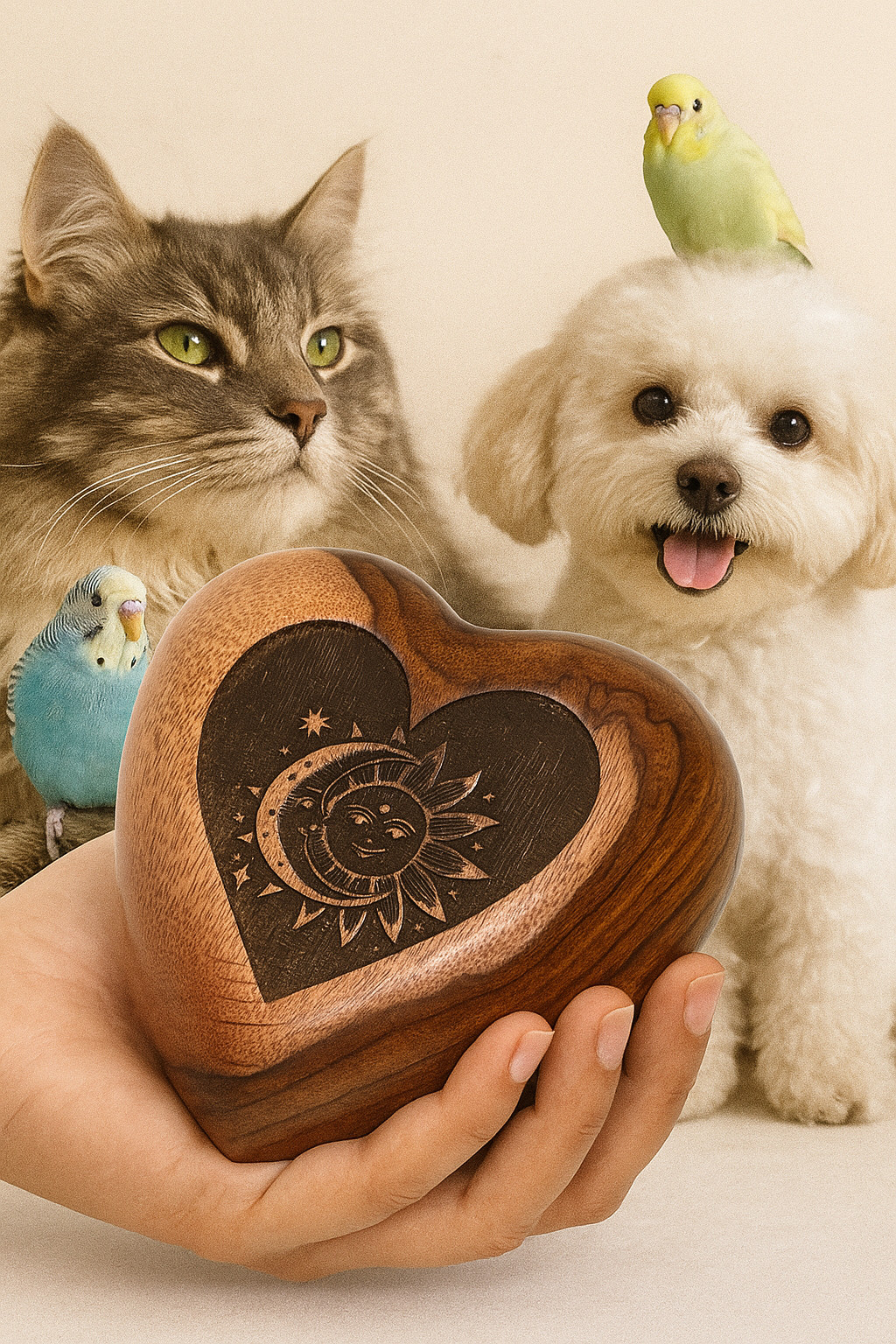 Pet Memorial Wood Urns for Dog or Cat Ashes Heart Shape Sun moon Design Urn