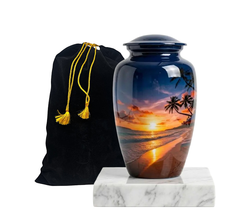 Paradise Beach Sunset Urn – Handcrafted Ocean Scene Memorial – Adult Size 200lbs