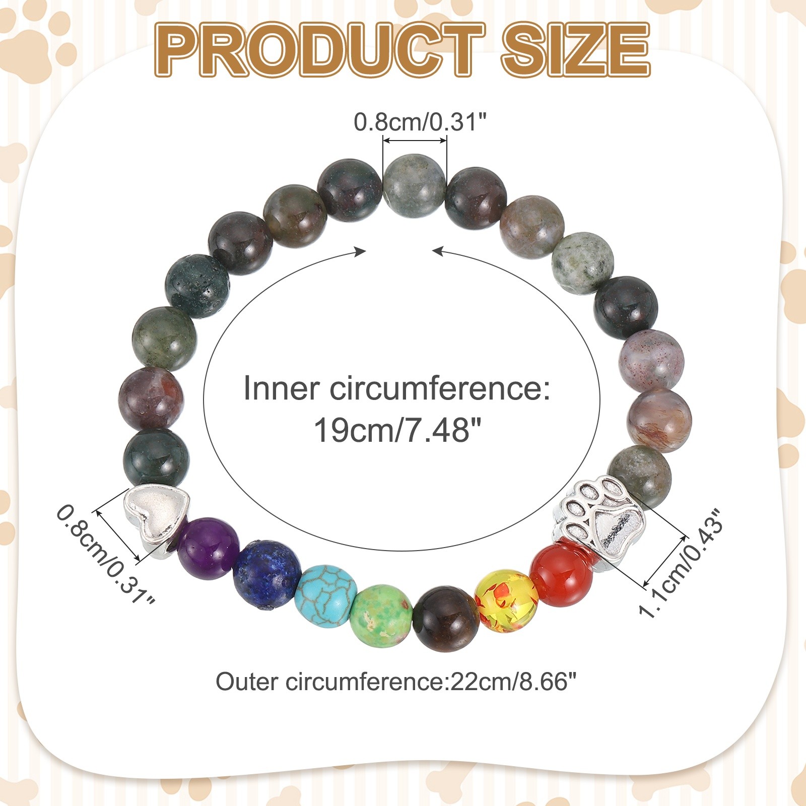 Stone Paw Bracelet,Heart Rainbow Paw Print Dog Mom Memorial Bracelet,Black Gray
