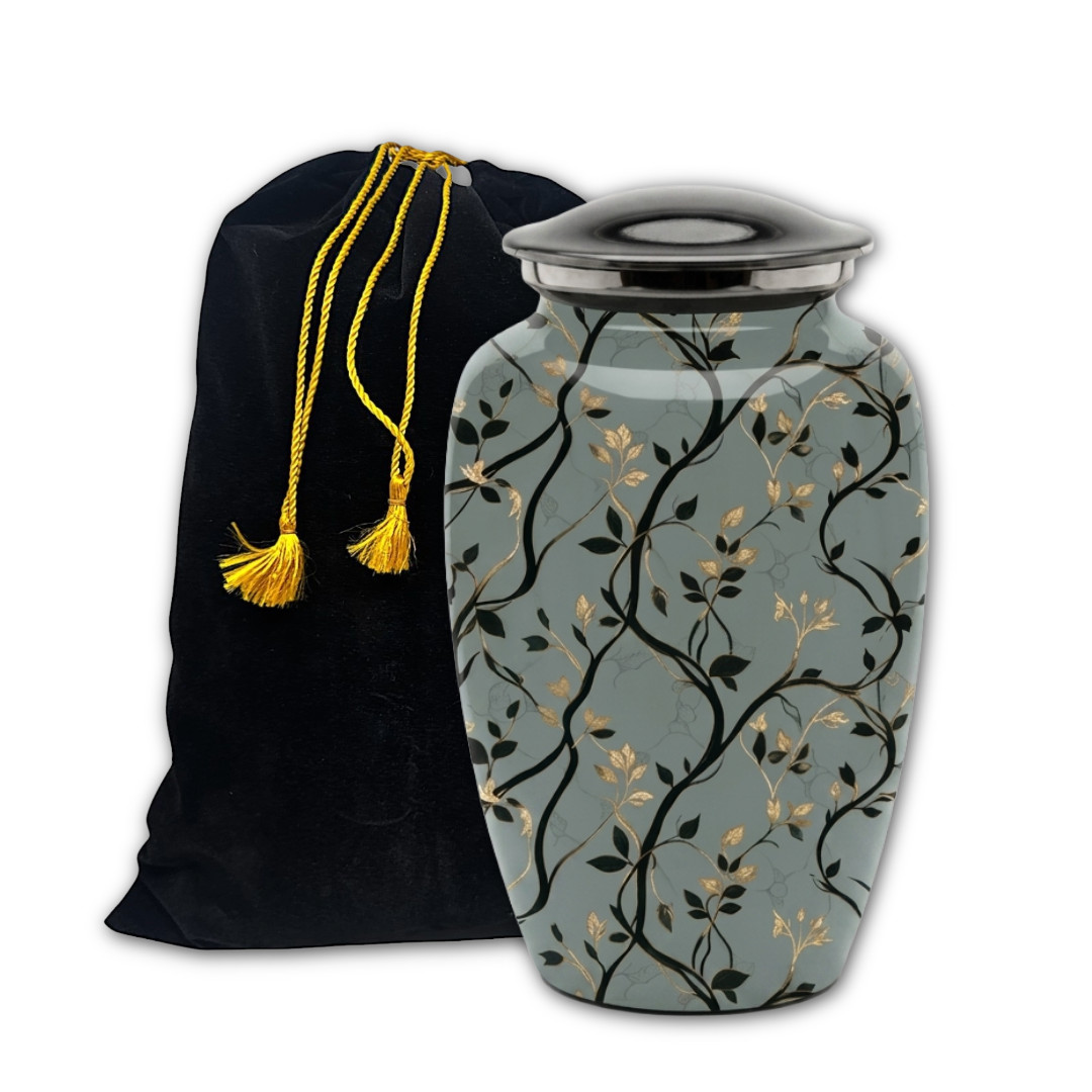 Grey Floral Cremation Urn for Ashes 10″x6.5″ Adult 190 Cu In Memorial Urn w/Bag