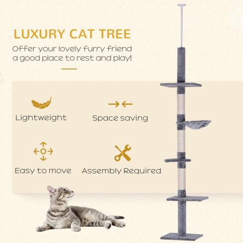 9 Foot Adjustable Height Floor To Ceiling Vertical Cat Tree – Grey And White