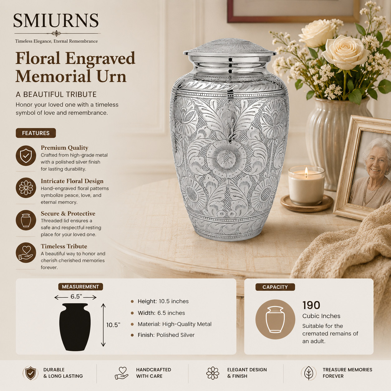 Silver Cremation Urn for Human Ashes Adult Large Funeral Urn 10.5″ Metal Urns