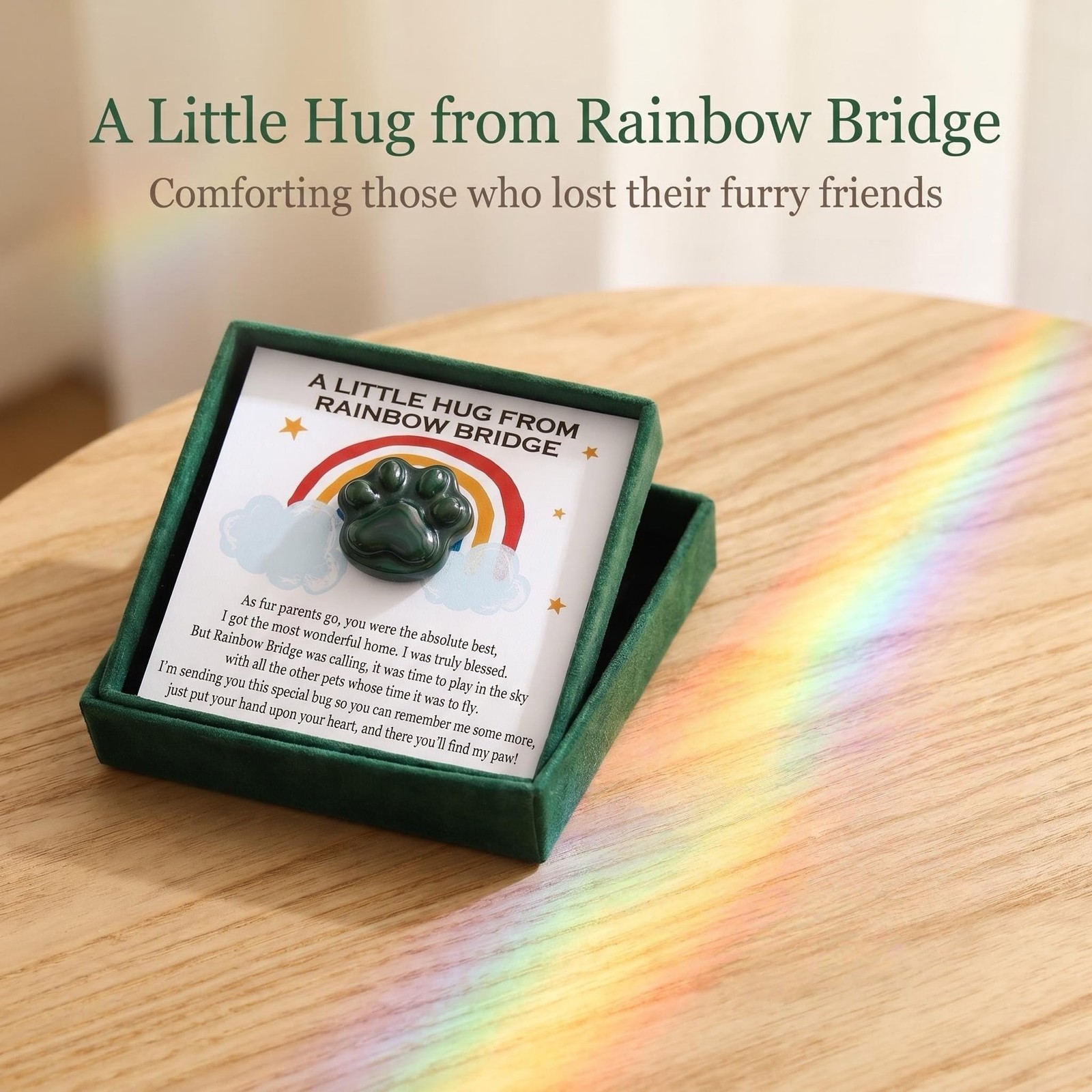 LINGYUAN Green Agate Pet Memorial Gift, Natural Paw Print Stone with Rainbow …