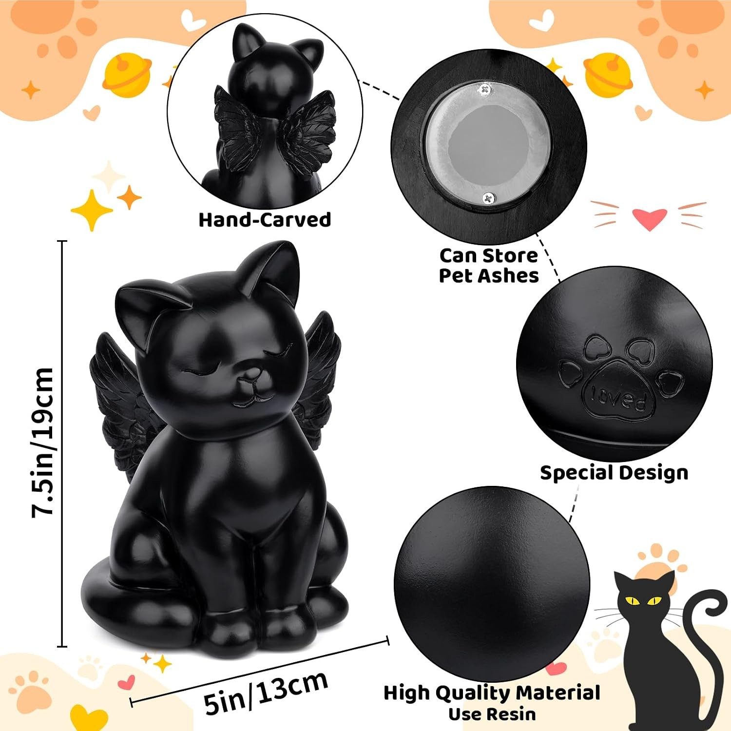 Black Cat Urn for Ashes – Sleeping Angel Memorial Figurine, Cremation Funeral…