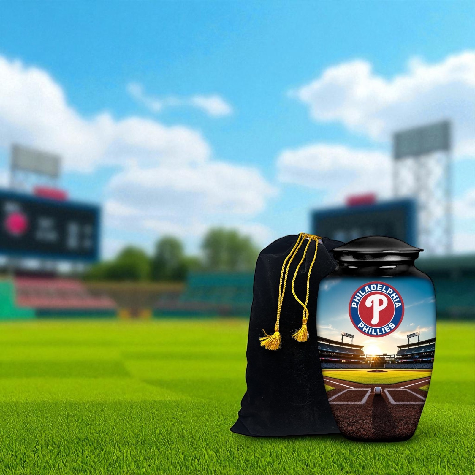 Black Large Baseball Theme Philadelphia Cremation Urn Adult Human Ashes w/Bag
