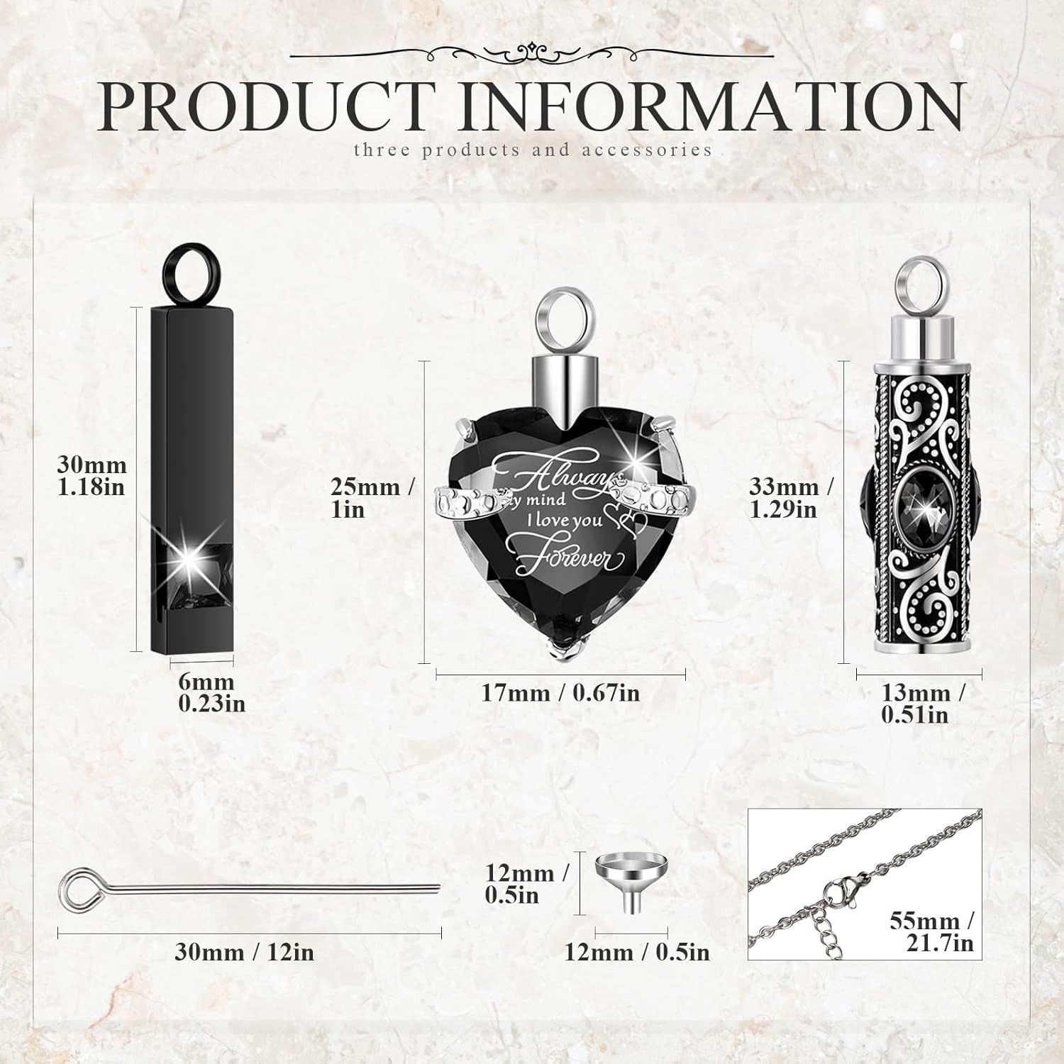 MTLEE 3 Pieces Cremation Urn Necklace for Ashes Vertical Bar Zircon, Heart