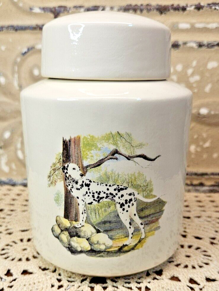 Dalmatian Dog Ceramic Pet Urn Pictorial Memorial Jar w/ Lid