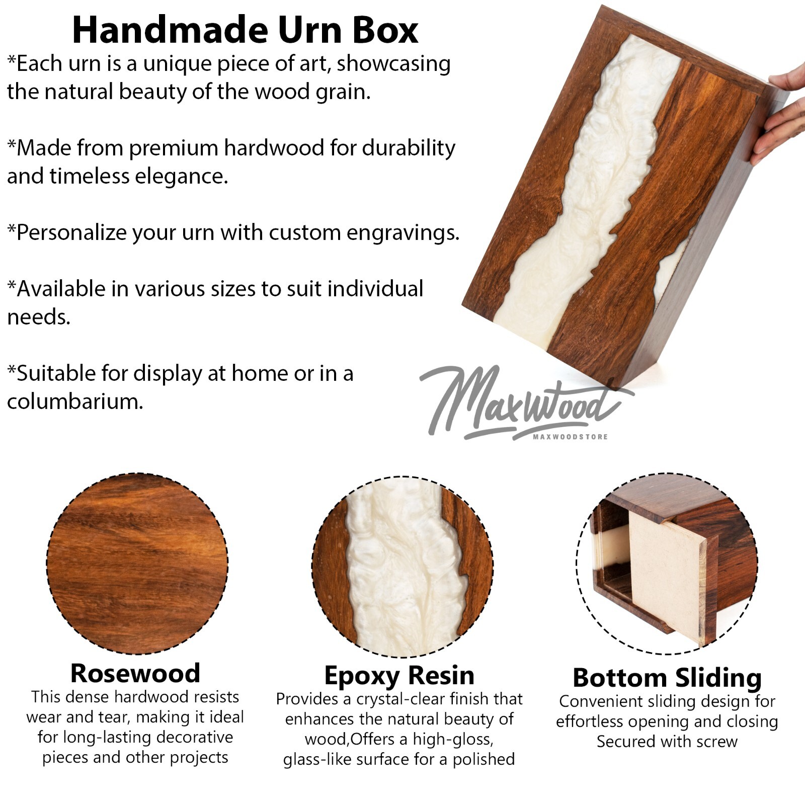 Wooden Urn Box-Urn Box-Rosewood and White Resin Design Urn Box For Human Ashes