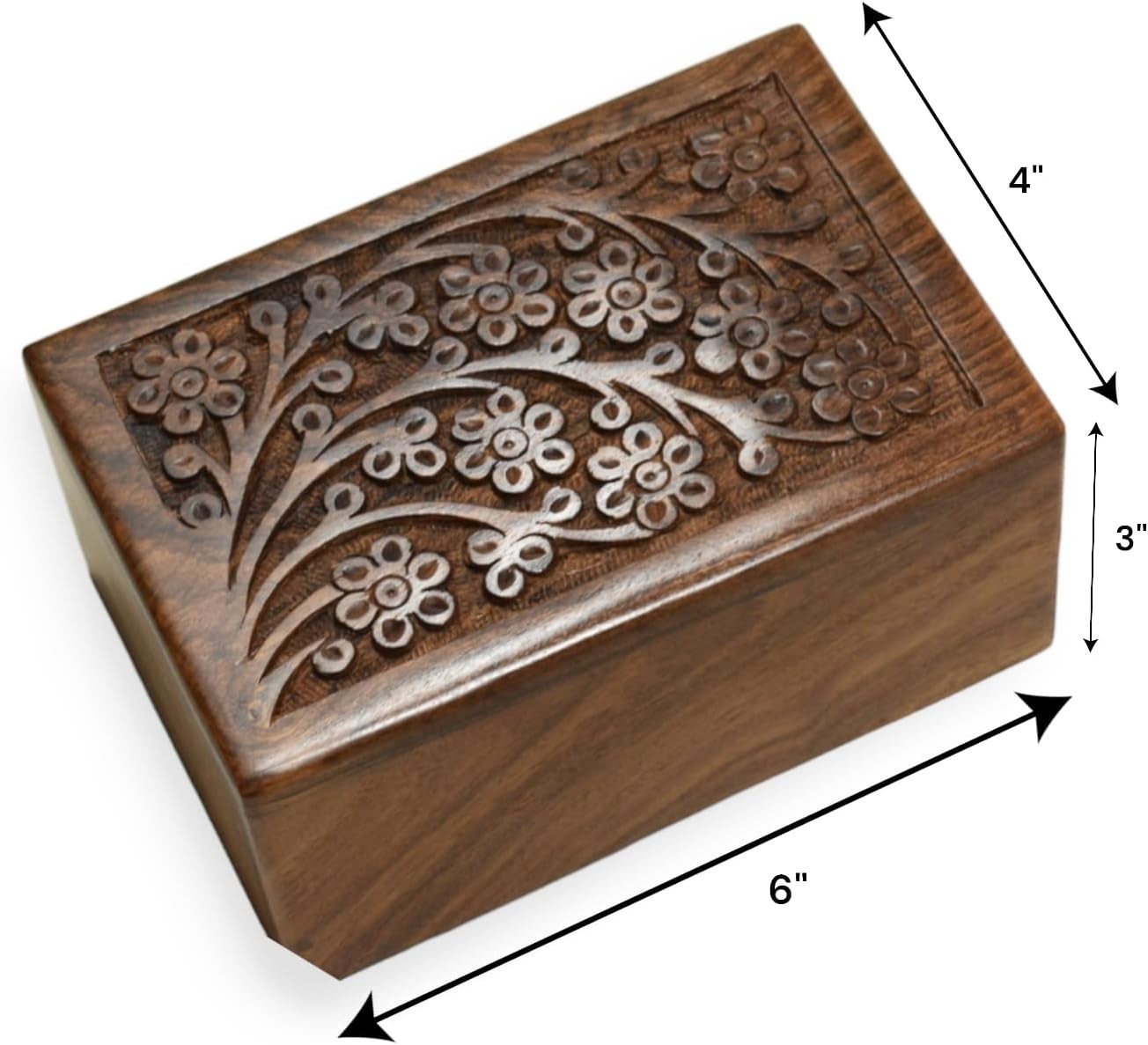Wooden Ashes Urn Box Hand Carved Floral Memorial Keepsake (Medium Box)