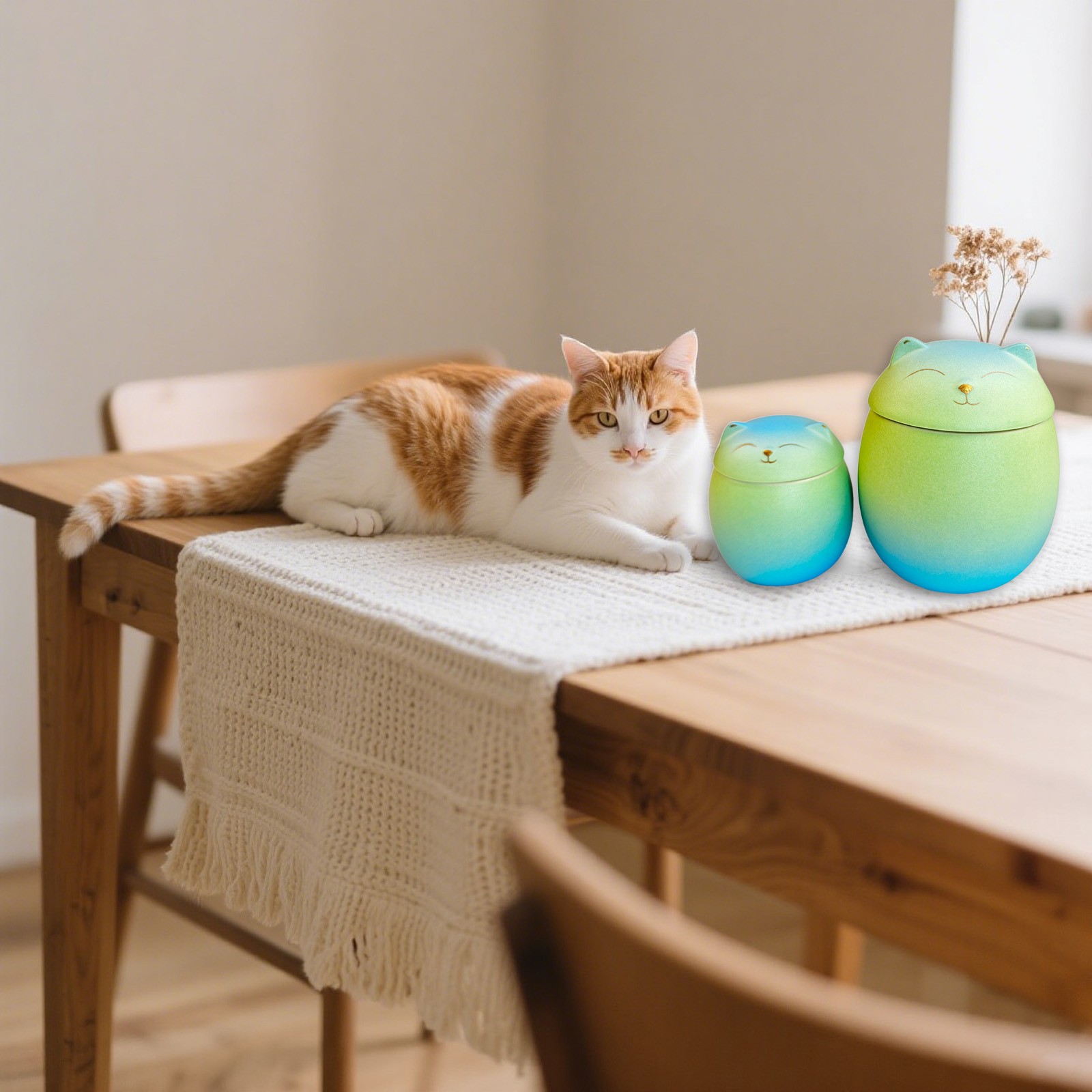 Smiley Cat Shaped Pet Urn Blue-Green Gradient For Small Dog And Cat Ashes(M)