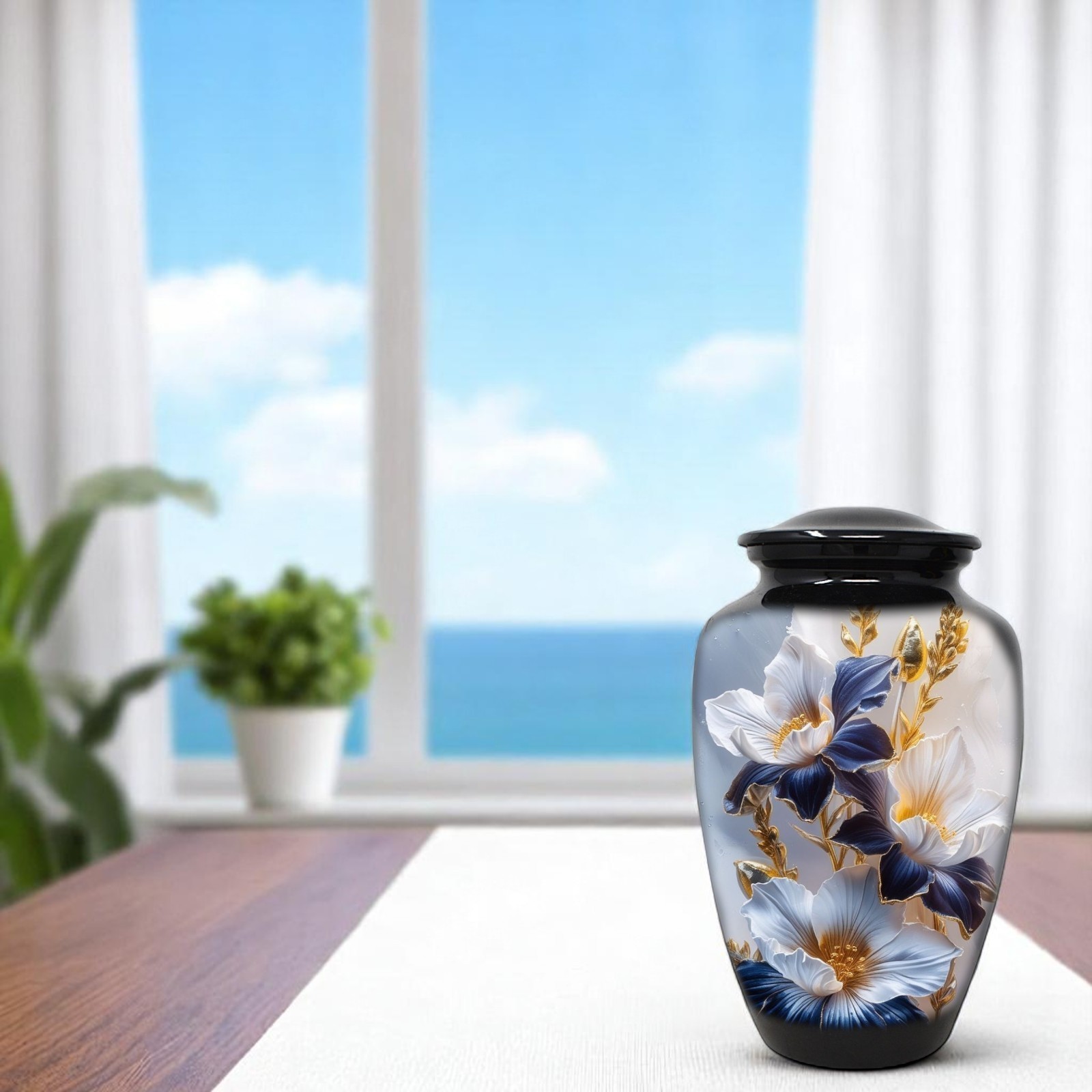 Cremation Urn for Adult Human Ashes 10.5in Gold Iris Flower Memorial Urn