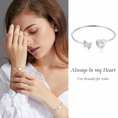 Urn Bracelet for Human Ashes Butterfly Heart Ash Bracelet for Women Silver