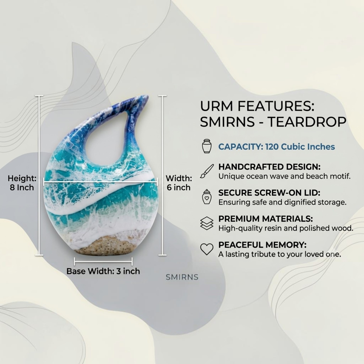 Medium Sea Art Teardrop Cremation Urn for Human Ashes 120 Cu In Female Urns