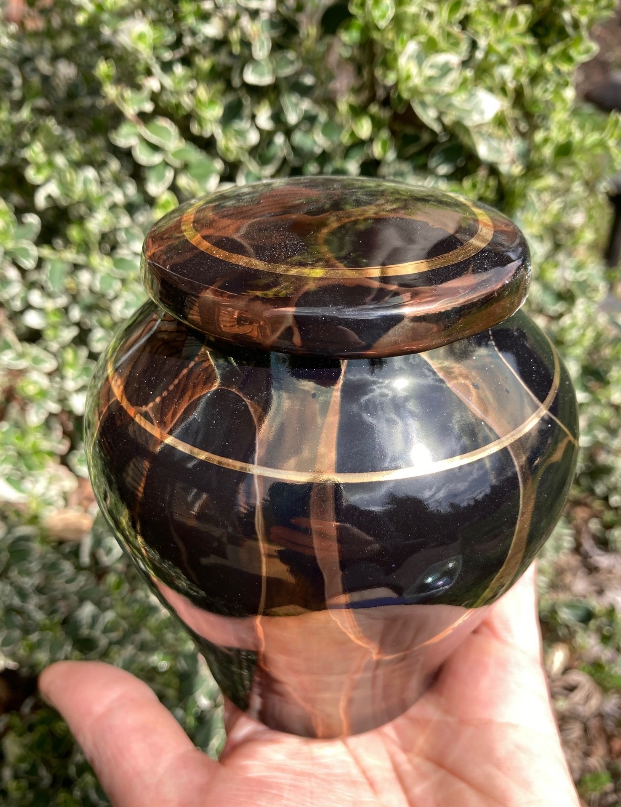 Handmade Ceramic Cremation Urn in Yellow w/MOP, small size for pet ashes 50 ci